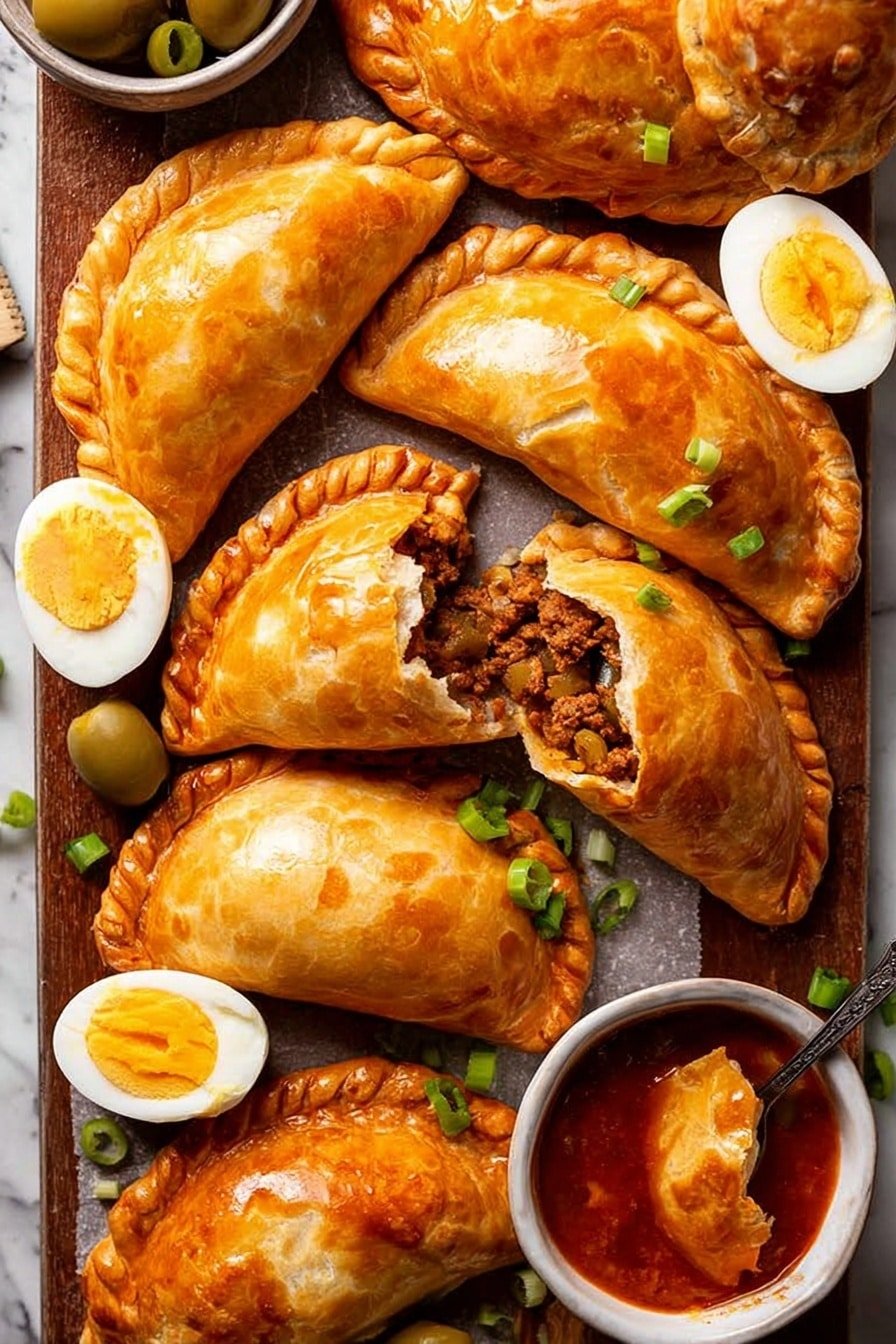 The image shows a white tray filled with golden brown baked empanadas with shiny, crispy crusts. One empanada is broken open, revealing a filling of minced meat mixed with small pieces of vegetables. Scattered around the tray are slices of boiled eggs with bright yellow yolks, whole green olives, and some green onion slices adding a fresh touch. A white bowl filled with red tomato sauce and green olives sits near the bottom right, with one empanada partially dipped into it. The background is a white marbled texture. Photo taken with an iphone --ar 2:3 --v 7