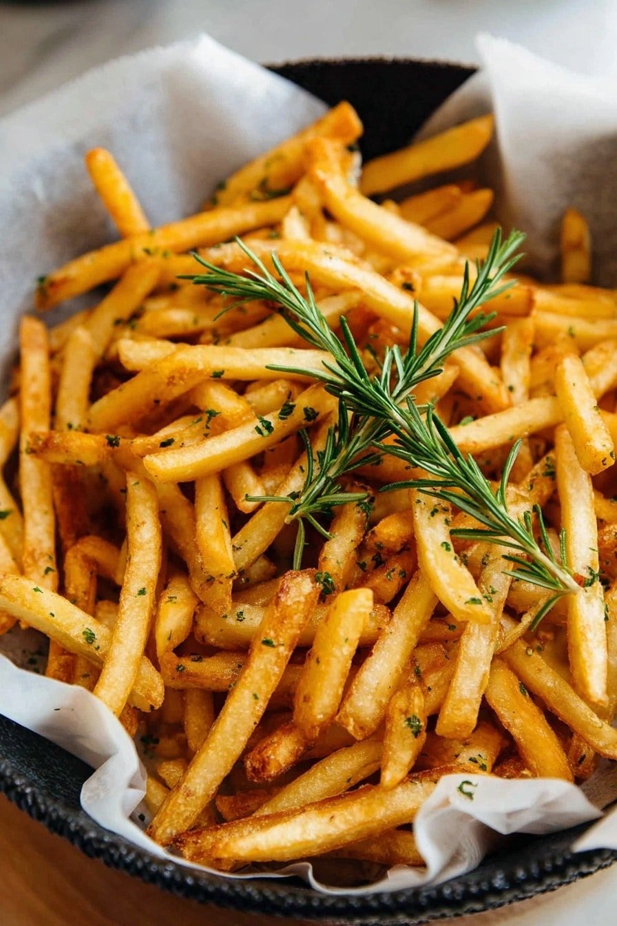 A white bowl lined with white paper holds a pile of golden brown French fries, each fry thin and crispy with a slight rough texture. The fries are sprinkled lightly with small green herb flakes, and two sprigs of fresh green rosemary lie on top, adding a touch of color and freshness. The bowl sits on a white marbled surface, creating a clean and bright setting. photo taken with an iphone --ar 2:3 --v 7