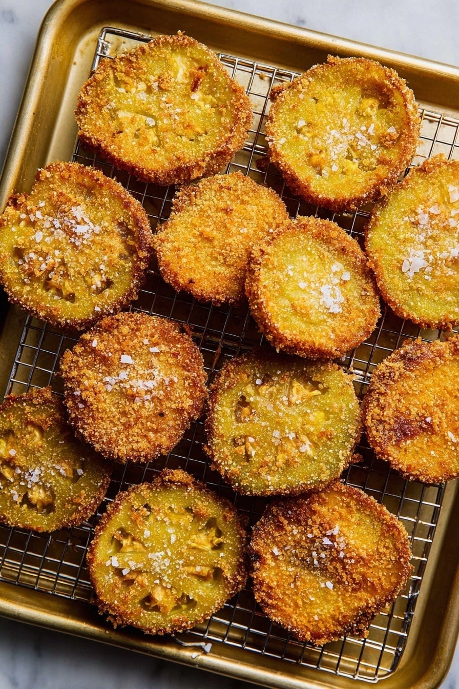 The image shows about fourteen pieces of fried round slices, golden and crispy with small rough textures from the coating. Each piece is evenly browned with a slightly darker crust on parts of the edges, and a sprinkling of coarse salt is visible on top. They are arranged close together on a silver metal cooling rack over a shallow metal baking tray, both with a smooth shiny finish. The background is a white marbled surface. photo taken with an iphone --ar 2:3 --v 7