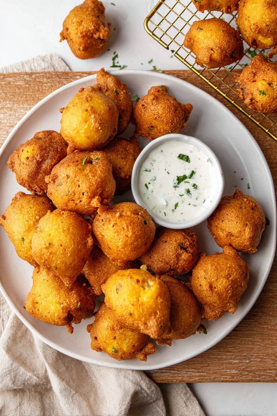 A round white plate is full of golden brown deep-fried fritters with a rough, crispy texture, piled in the center. A small white bowl of white creamy dipping sauce with green herbs sits on the plate among the fritters. Around the plate, several fritters rest on a white marbled surface. A silver cooling rack holds more fritters in the top right corner, and a beige cloth is partly visible in the bottom left corner. The photo is bright and clean. Photo taken with an iphone --ar 2:3 --v 7