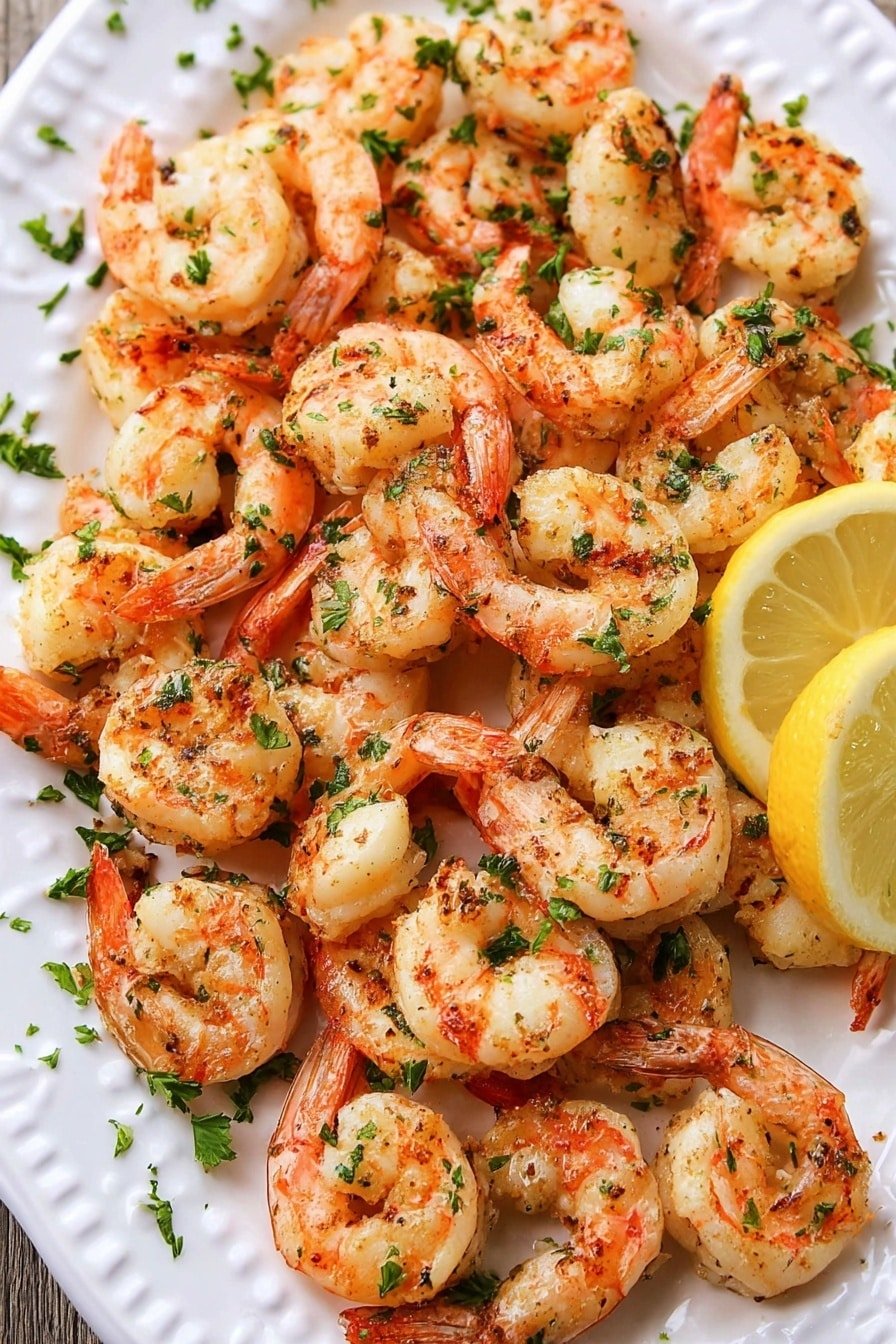 A white plate is filled with many cooked shrimp that are pink with some char marks and white parts showing, arranged in a loose pile covering most of the plate. There are small pieces of fresh green parsley sprinkled evenly over the shrimp. On the right side of the plate, there is a half lemon with its yellow flesh visible. The background is a white marbled texture. Photo taken with an iphone --ar 2:3 --v 7