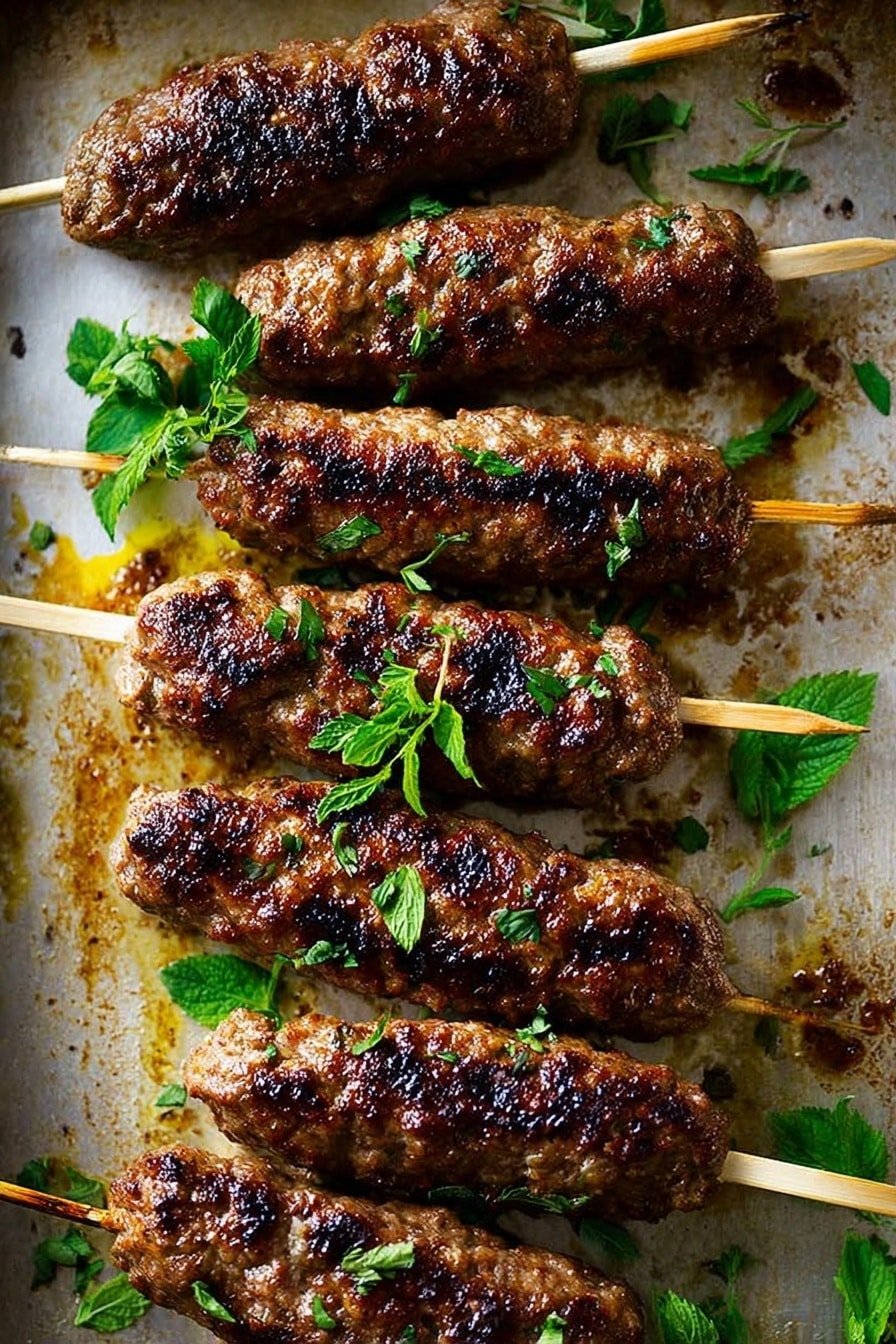 Several grilled meat skewers lie closely on a baking tray with light browning and char marks showing on the meat's textured surface. The skewers are wooden sticks, visible at both ends of the meat, which is shaped in an irregular, slightly thick rectangular form. Fresh green herb leaves, bright and slightly shiny, are scattered around and lightly resting on the skewers, adding a pop of color. The tray has a metal surface with some browning and grease marks. The photo is taken with an iphone --ar 2:3 --v 7