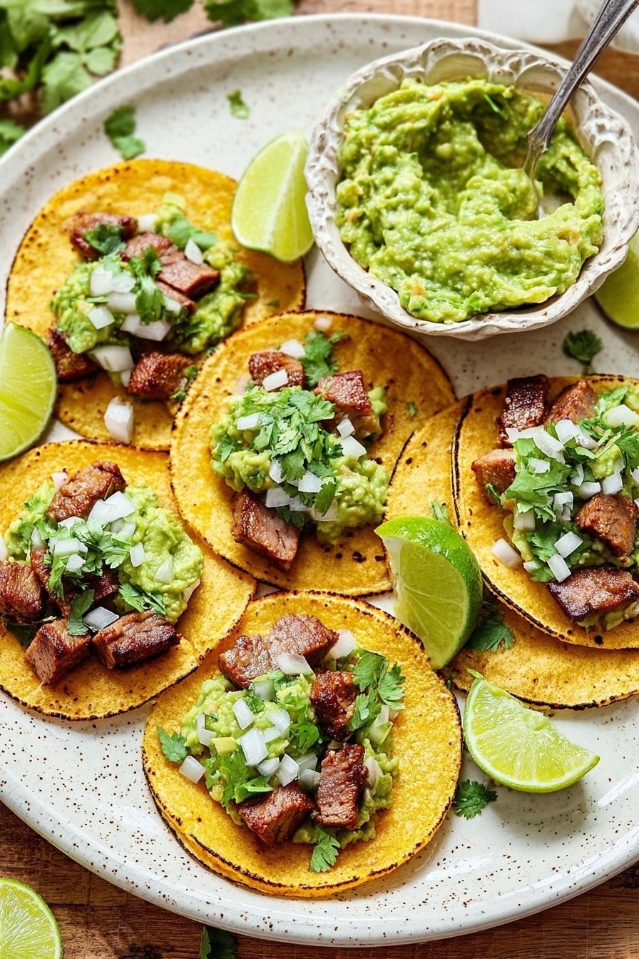 The image shows five small tacos on an ornate white plate with a speckled texture. Each taco has a golden-yellow, toasted corn tortilla base. The tacos are filled with three layers: a layer of chunky green guacamole, topped with medium-brown grilled meat cubes, and sprinkled with small white onion pieces and fresh green cilantro leaves. There are also lime wedges on the plate, adding bright green and pale yellow colors. Next to the tacos, there is a small ornate white bowl filled with chunky guacamole, with a silver spoon inside. The background is a wood texture. photo taken with an iphone --ar 2:3 --v 7