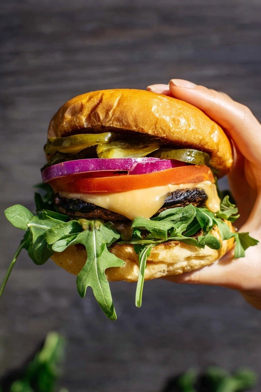 A woman's hand holds a burger with five visible layers: at the bottom, fresh green leafy arugula with some leaves hanging down, above it a dark brown grilled patty topped with melted pale yellow cheese, followed by a thick slice of red tomato, then a few rings of deep purple onion, and at the top pickles with light green and dark green tones, all inside a soft, golden brown bun with sauce dripping slightly between the pickles and onions. The background features a wood texture and a dark, blurry surface behind. photo taken with an iphone --ar 2:3 --v 7