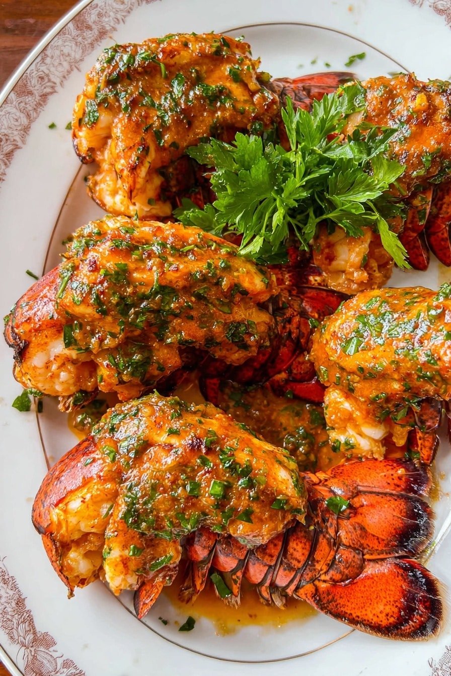 The image shows an ornate white plate with several cooked lobster tails arranged closely, each topped with a thick layer of orange and reddish sauce mixed with green herbs, giving a textured and slightly shiny look. The lobster shell beneath is a glossy deep orange-red with some darker brown edges. At the top center of the plate, there is a small bunch of fresh, bright green parsley leaves adding a fresh contrast. The background has a wood texture, adding warmth to the setting. photo taken with an iphone --ar 2:3 --v 7