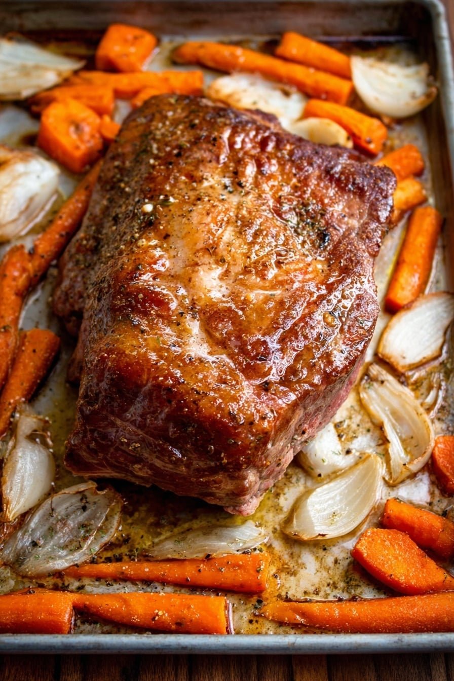 A large piece of roasted meat with a shiny, golden-brown crust sits in the center of a metal baking tray. Surrounding it are chunky orange carrots and sliced white onions, all roasted with a slightly caramelized texture. The meat looks juicy with visible seasoning and a slight glaze on top, while the carrots and onions are soft and have a light browning on their edges. The tray shows some cooked-on juices and oil. The scene is set on a wood texture surface. photo taken with an iphone --ar 2:3 --v 7