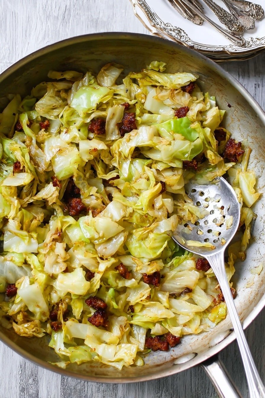 A close-up view of a large metal pan filled with cooked cabbage pieces in light green and pale yellow shades mixed with small, dark brown crispy meat chunks. The cabbage looks soft with uneven edges and some browning from cooking. A metal slotted spoon with a reflective surface rests inside the pan on the right side, partly covered by the cabbage and bits of food. The pan is on a wood texture marked with subtle grain patterns. In the top right corner, part of an ornate white plate with silver utensils is visible on the wood texture. photo taken with an iphone --ar 2:3 --v 7