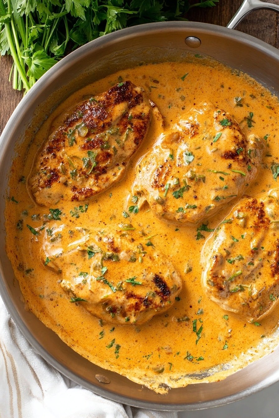 In a silver pan, there are four pieces of cooked chicken covered by a thick, creamy orange sauce. The sauce has a smooth texture with small green herb bits sprinkled on top. The chicken pieces show some light browning and char marks under the sauce. The pan lies on a white marbled surface, and a bunch of fresh green herbs is visible near the top left side. The lighting makes the sauce shiny and highlights the moist texture of the chicken. photo taken with an iphone --ar 2:3 --v 7