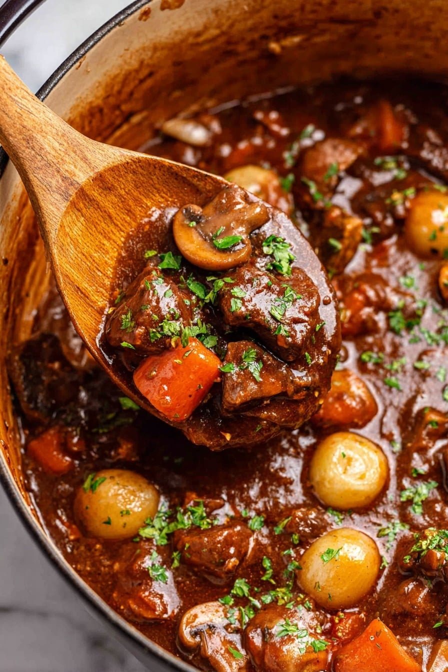 The image shows a rich, dark brown stew with thick sauce filled with chunks of tender meat, bright orange carrot pieces, whole pearl onions, and sliced mushrooms. All the ingredients are mixed evenly inside a large round pot. The surface is glossy with bits of chopped green herbs scattered on top for a fresh look. A wooden spoon is lifting a portion of the stew, showing the thick texture and juicy ingredients up close. The pot rests on a white marbled surface. photo taken with an iphone --ar 2:3 --v 7