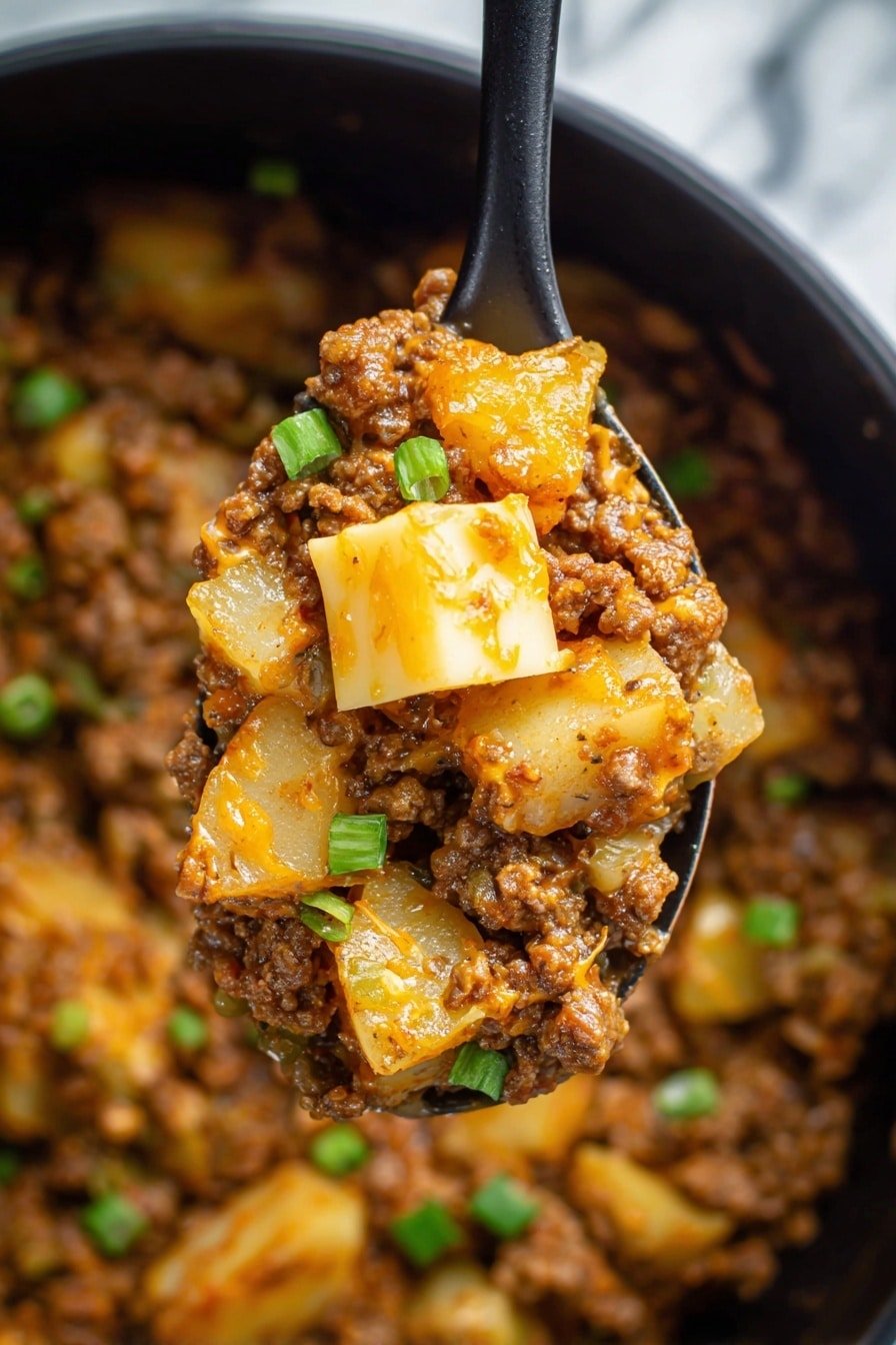 A black spoon holds a close-up of a chunky mixture with three main layers visible: the bottom and middle layers consist of small brown cooked ground meat and diced yellow potatoes mixed together with a slightly orange cheesy sauce covering the top layer, and tiny green chopped scallions sprinkled across the surface add a fresh pop of color. The top of the spoonful has a small cube of pale yellow cheese, sitting on top of the mix of soft potatoes and meat. The background shows more of the same mixture inside the pot, all set on a white marbled surface. photo taken with an iphone --ar 2:3 --v 7