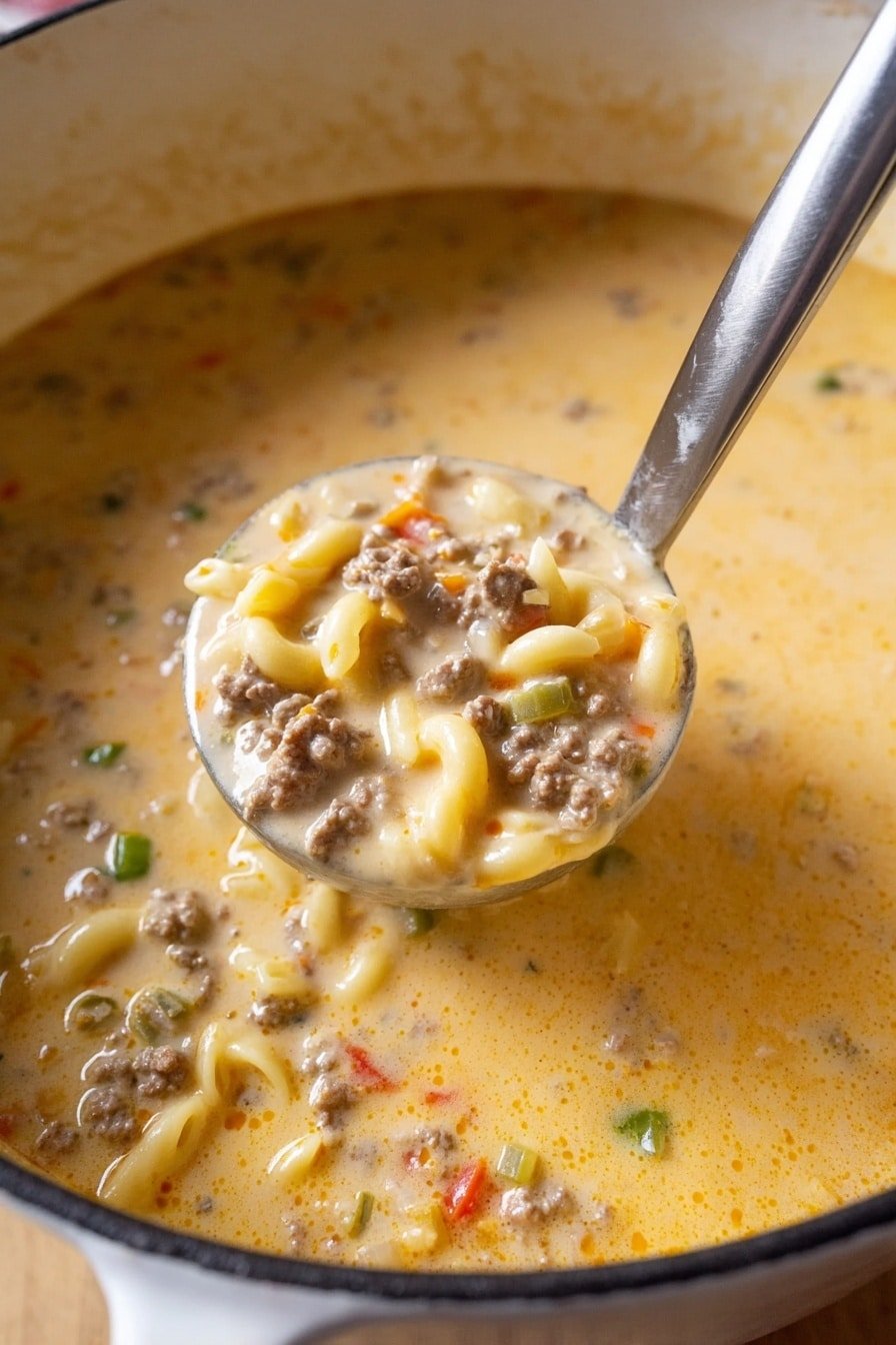 A close-up view shows a thick creamy soup in a large white pot, filled with small pieces of ground meat, elbow pasta, and bits of vegetables like green pepper and onion, all mixed in a smooth, light yellow broth. The soup looks rich and slightly glossy, with the pasta and meat evenly spread throughout. A metal ladle holds a scoop of the soup near the center, showing the different textures and colors clearly against the creamy background. The pot edges and inside look soft and warm, resting on a white marbled surface. photo taken with an iphone --ar 2:3 --v 7