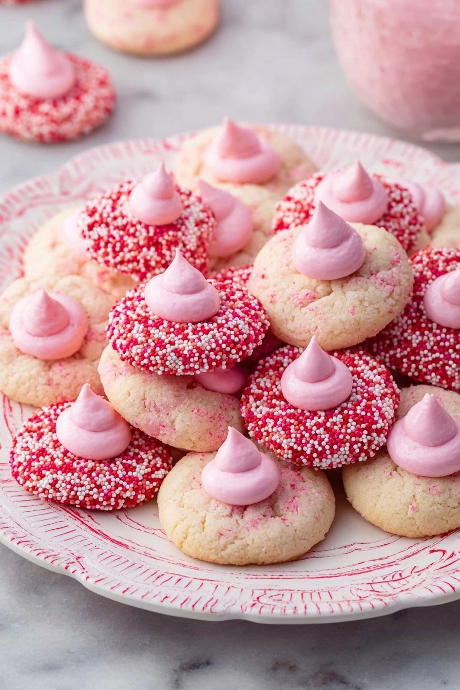 A pile of round cookies on a white plate with pink line patterns. Each cookie has two layers: the base layer is a soft dough, some plain white with sugar crystals and others covered in tiny round sprinkles in red, white, and pink. On top of each cookie sits a small dollop of smooth light pink frosting shaped like a teardrop. The scene is set on a white marbled surface. Photo taken with an iphone --ar 2:3 --v 7