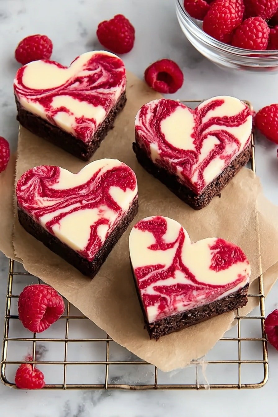 The image shows four heart-shaped layered desserts on white parchment paper over a gold wire rack, placed on a white marbled surface. Each dessert has two layers: a bottom dark brown chocolate layer with a rough texture and a top creamy white layer mixed with bright red swirls that create a marbled pattern. Around the desserts, fresh red raspberries are scattered, and a clear glass bowl holding more raspberries is placed at the top right edge. The overall scene is bright and clean, highlighting the vibrant colors and shapes of the treats. Photo taken with an iphone --ar 2:3 --v 7