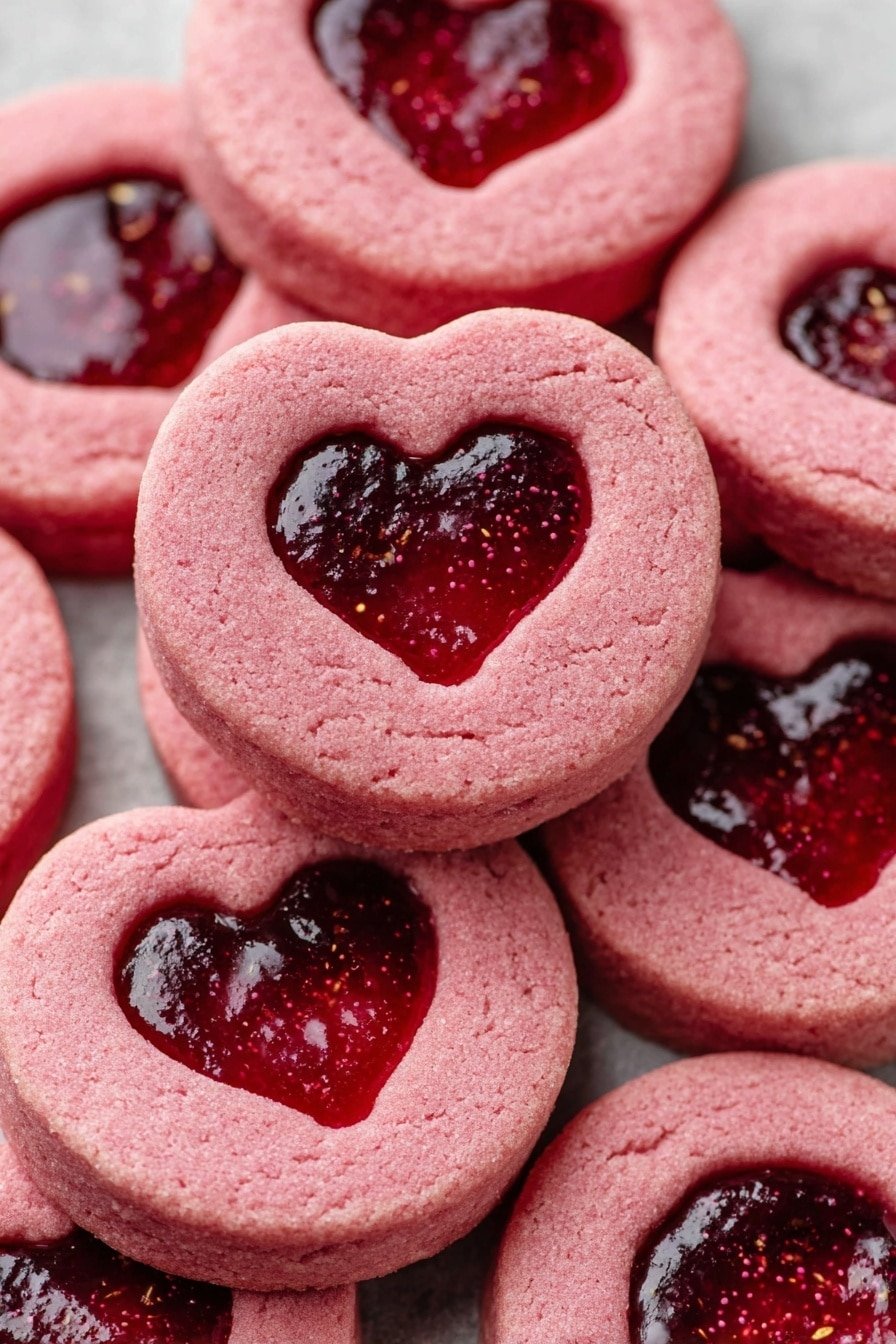 The image shows many round pink cookies stacked closely together. Each cookie has two layers: the bottom layer is a solid pink dough base, and the top layer is also pink dough but with a heart-shaped cutout in the middle. Inside the heart cutout, there is a shiny, red jelly filling with a smooth, slightly bumpy texture and small seeds visible inside it. The cookies are arranged on a white marbled surface. photo taken with an iphone --ar 2:3 --v 7