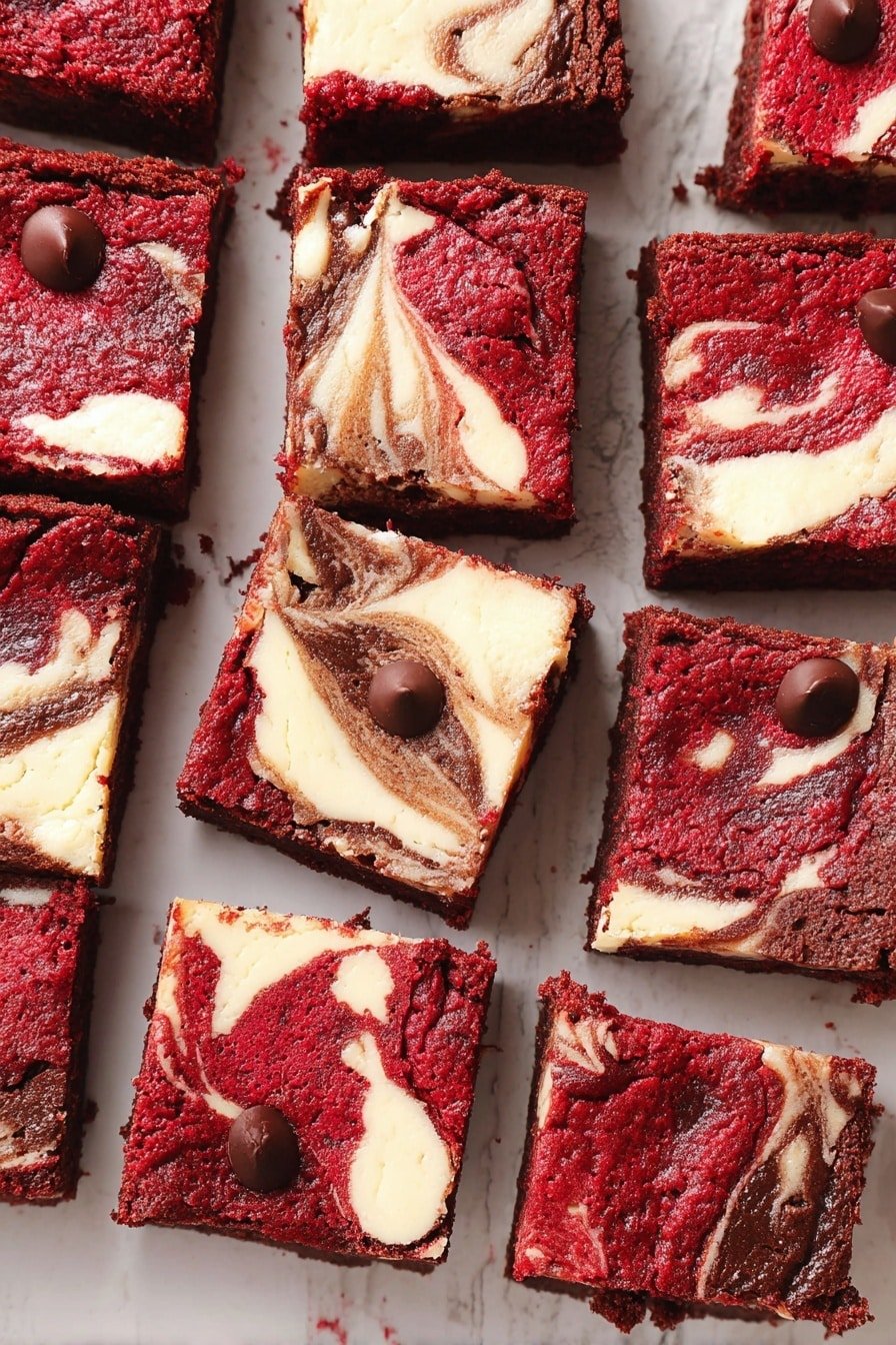 The image shows square pieces of a dessert arranged closely on a white marbled surface. Each piece has two main layers: a rich dark red layer as the base with a moist and slightly crumbly texture, and swirled creamy white patches on top that create a marbled effect with smooth curves. Some squares also have light brown swirls mixed with the white, giving a three-color marbled look. Small melted dark brown chocolate spots are scattered on the surface, adding glossy highlights. The pieces are evenly cut into similar sizes and laid flat on the white marbled surface, filling the frame evenly. photo taken with an iphone --ar 2:3 --v 7
