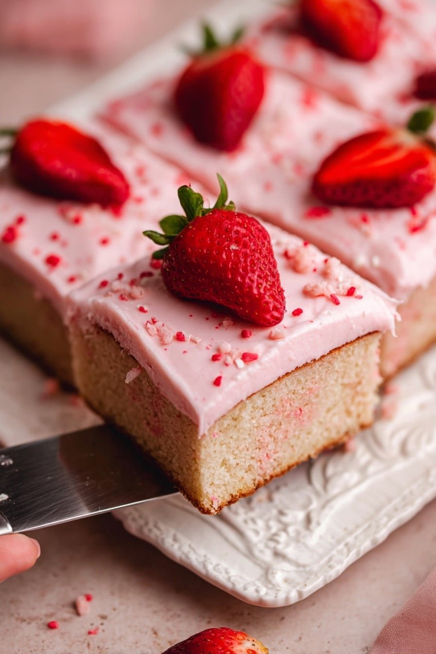 The image shows a close-up of a square slice cake with two layers: a thick, light brown base layer with a soft texture and a thick, pale pink frosting layer on top. The frosting is smooth with small red sprinkles scattered all over. Each cake slice is topped with bright red, halved strawberries, some showing green leaves. The cake is placed on a white ornate plate with a woman’s hand holding a knife, lifting one slice from the arrangement. The scene has a wood texture underneath the plate and a blurred texture background. Photo taken with an iphone --ar 2:3 --v 7