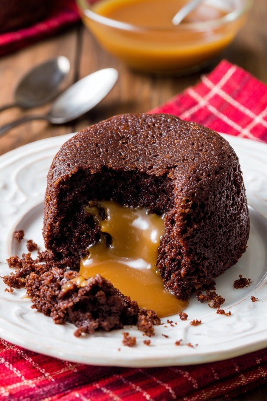 A rich dark brown chocolate cake with a moist texture sits on a white ornate plate. The cake is round and has a thick layer, with the front part broken open to reveal a smooth, creamy light caramel filling flowing out. Some crumbs from the cake are scattered around the plate. In the background, a glass bowl filled with more caramel sauce is placed on a red checkered cloth, all on a wood texture surface, with a spoon partially visible behind the cake. The background is softly blurred. photo taken with an iphone --ar 2:3 --v 7