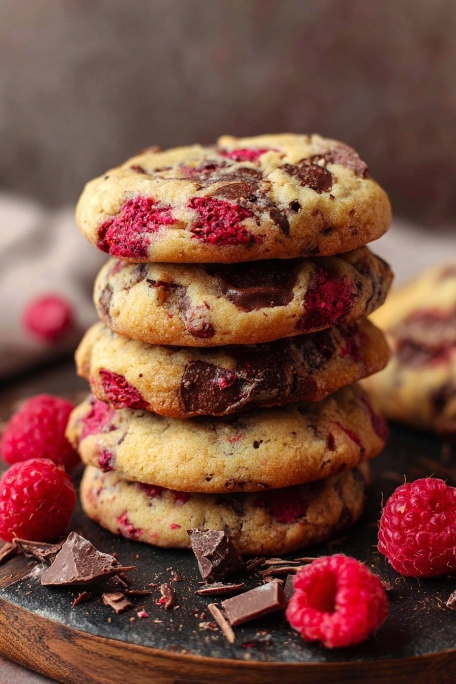 A stack of four thick, round cookies rests in the center, each cookie showing a golden-brown color with bright red raspberry pieces and dark chocolate chunks spread throughout. Around the base of the stack are some fresh raspberries and dark chocolate shavings scattered on a dark wooden round board. The scene sits on a wood texture surface with a blurred texture background, highlighting the rich colors and textures of the cookies and toppings. photo taken with an iphone --ar 2:3 --v 7