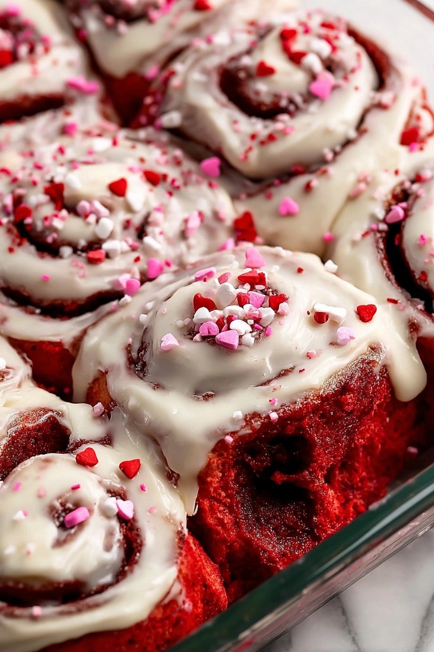 A close-up view of several red velvet cinnamon rolls arranged tightly in a white pan, each roll showing a swirl of bright red dough and dark brown cinnamon layers. The rolls are covered with a smooth, creamy white icing, dripping down the sides, and topped with small red, pink, and white heart-shaped and round sprinkles. One roll is slightly pulled away, revealing a soft, moist inside and rich cinnamon filling. The background is a white marbled texture. photo taken with an iphone --ar 2:3 --v 7