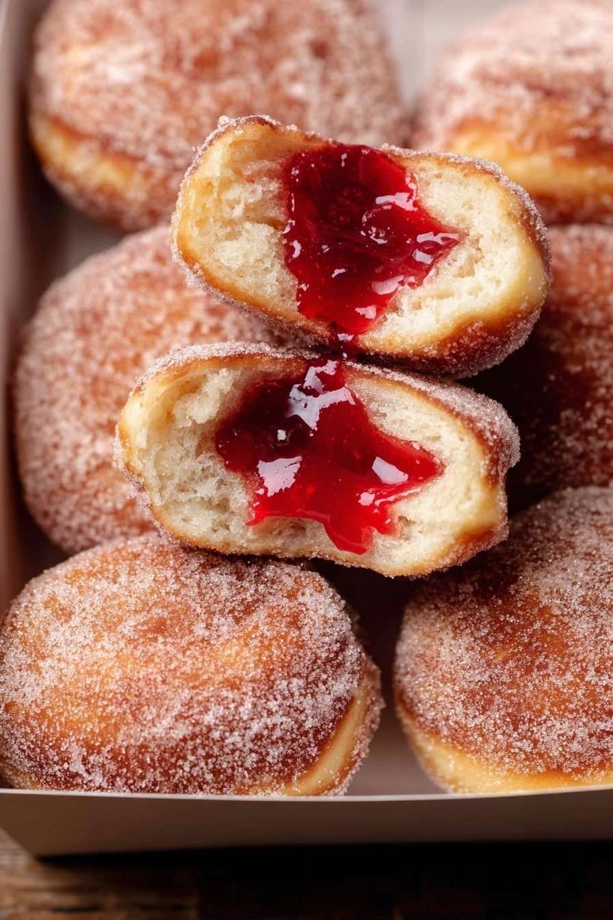 The image shows several sugar-coated round doughnuts inside a brown box on a white marbled surface. Each doughnut is golden brown with a rough texture covered in granulated sugar. The doughnuts are filled with bright red jelly, which is visible from three doughnuts that are broken in half and positioned on top, showing the soft, fluffy, pale inside dough and thick jelly inside. Some jelly is slightly oozing out, adding a shiny red contrast to the sugar dust. photo taken with an iphone --ar 2:3 --v 7
