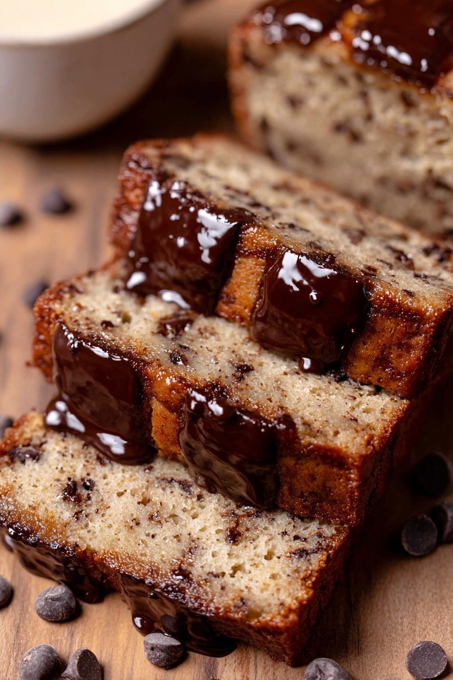 The image shows three slices of a layered cake on a white marbled surface, each slice with two layers of light brown cake mixed with small dark chocolate bits and two layers of creamy white filling in between. The top edges of the cake slices are covered with thick, shiny dark chocolate glaze, dripping slightly down the sides. Scattered dark chocolate chips are visible around the slices, with part of a white cup seen in the background. The texture of the cake looks soft and moist with a rich chocolate finish. Photo taken with an iphone --ar 2:3 --v 7