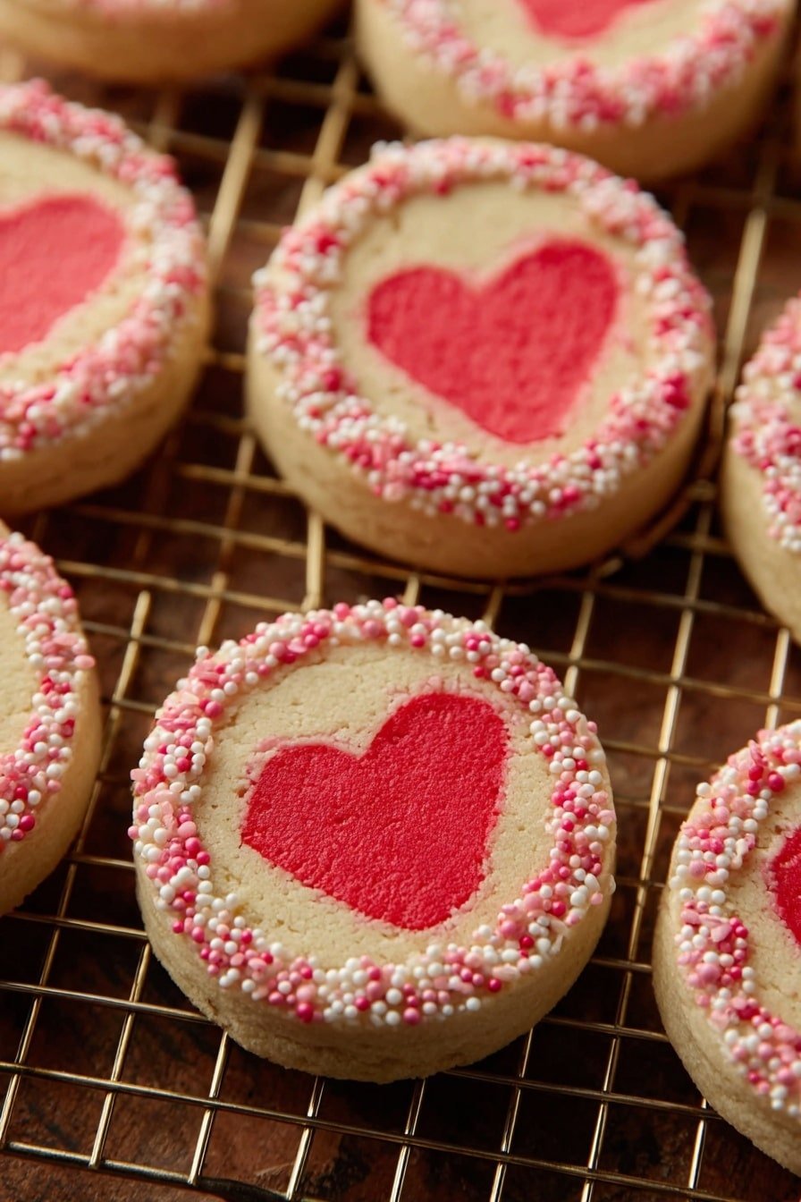 The image shows several round cookies placed on a metal cooling rack over a white marbled surface. Each cookie has two layers: the bottom layer is a light beige color, smooth and soft in texture, while the top layer features a bold red heart shape centered perfectly. The edges of the cookies are decorated with pink and white round and stick sprinkles, adding texture and color contrast around the beige border. The cookies are closely arranged, filling the frame with a warm, inviting look. photo taken with an iphone --ar 2:3 --v 7