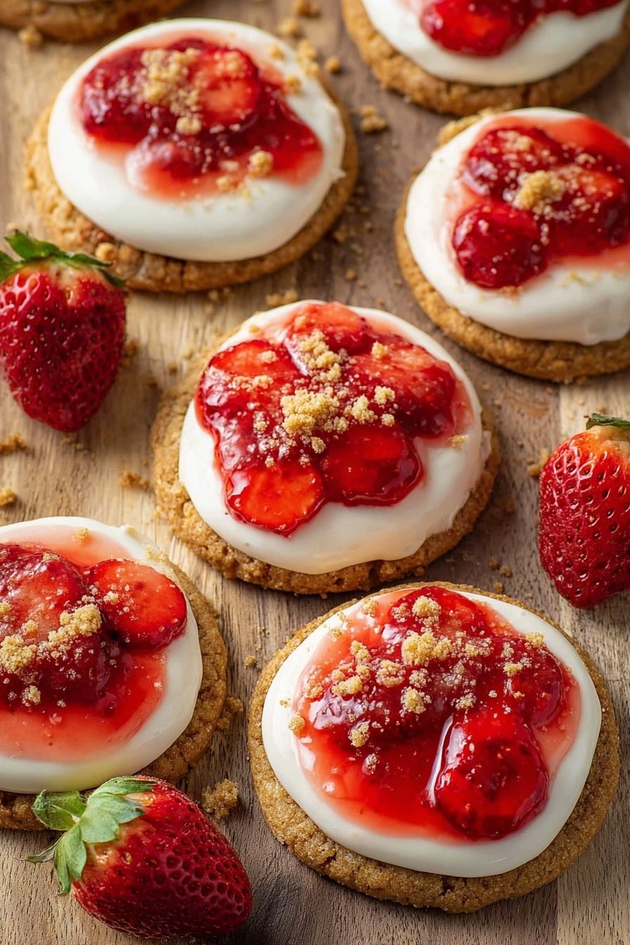 The image shows six round cookies on a white marbled surface, each cookie topped with a thick smooth layer of white cream. On top of the cream is a bright shiny red strawberry glaze with whole strawberries inside, creating a glossy, wet texture. Light brown crumbly bits are sprinkled over the glaze, adding texture. There are two fresh strawberries with green leaves on the surface beside the cookies. The cookies have a golden-brown color and rough texture around the edges, providing a crunchy base for the soft cream and juicy glaze. photo taken with an iphone --ar 2:3 --v 7