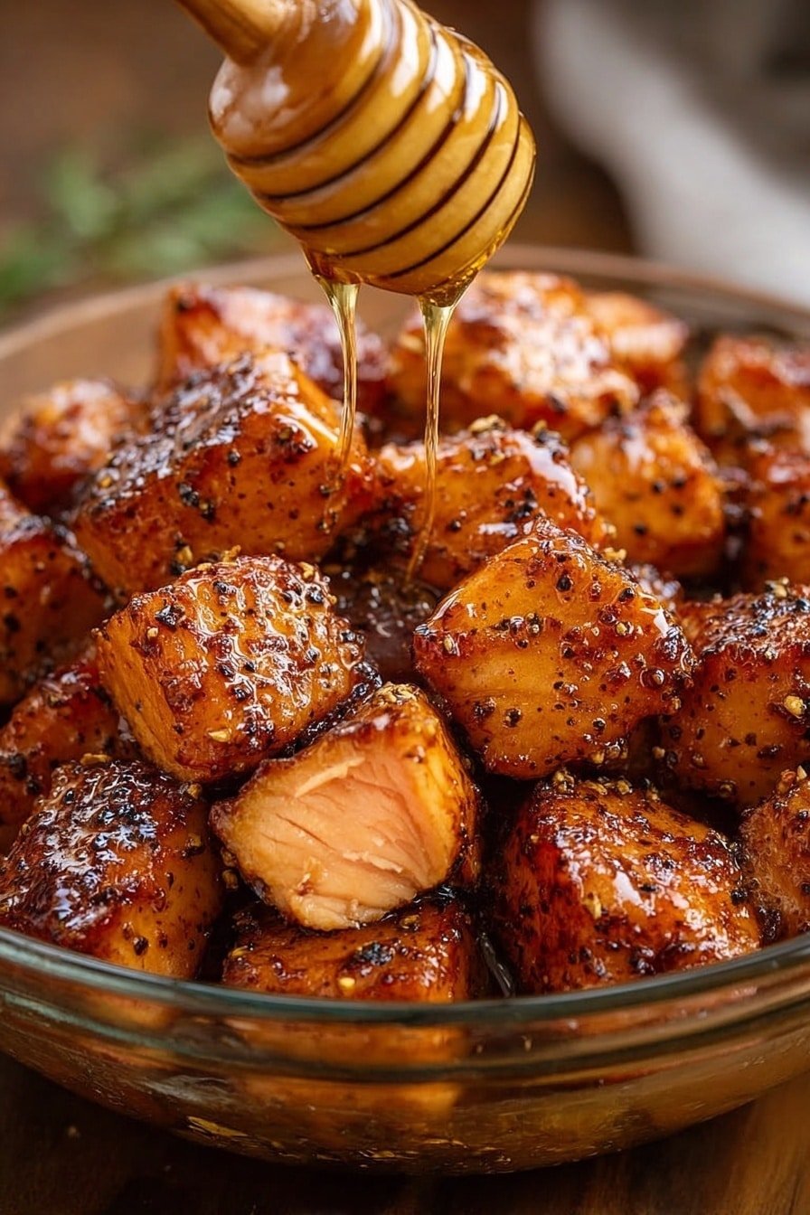 The image shows a close-up of a white bowl filled with small, browned pieces of food that have a crispy texture and are coated in a shiny glaze. A woman's hand drizzles golden honey over the pieces using a wooden honey dipper. The pieces have a rich, caramel color with darker specks that suggest seasoning. One piece in the bowl is partially broken, revealing a soft inside with a light orange color. The bowl sits on a white marbled surface, and the lighting highlights the honey’s glossy flow and the crispy texture of the food. photo taken with an iphone --ar 2:3 --v 7