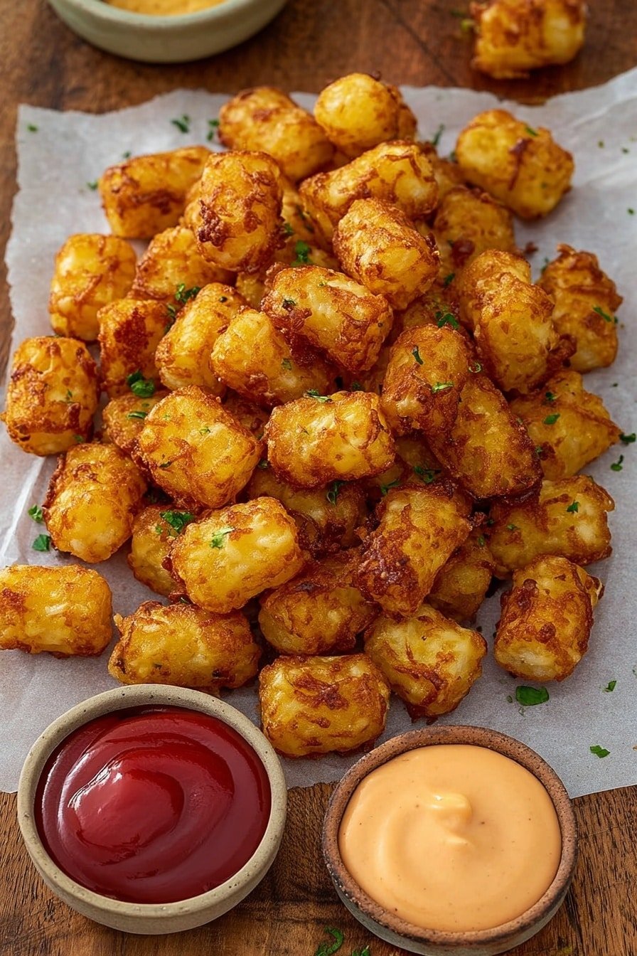 A pile of small, golden-brown, crispy tater tots with bits of melted cheese on the surface is spread on a piece of brown paper that sits on a white marbled surface. The tater tots have a crunchy texture with browned edges and some green sprinkle garnish scattered over them. Below the pile, there are two small wooden bowls: one filled with a thick red ketchup and the other with a creamy, light orange sauce. Photo taken with an iphone --ar 2:3 --v 7