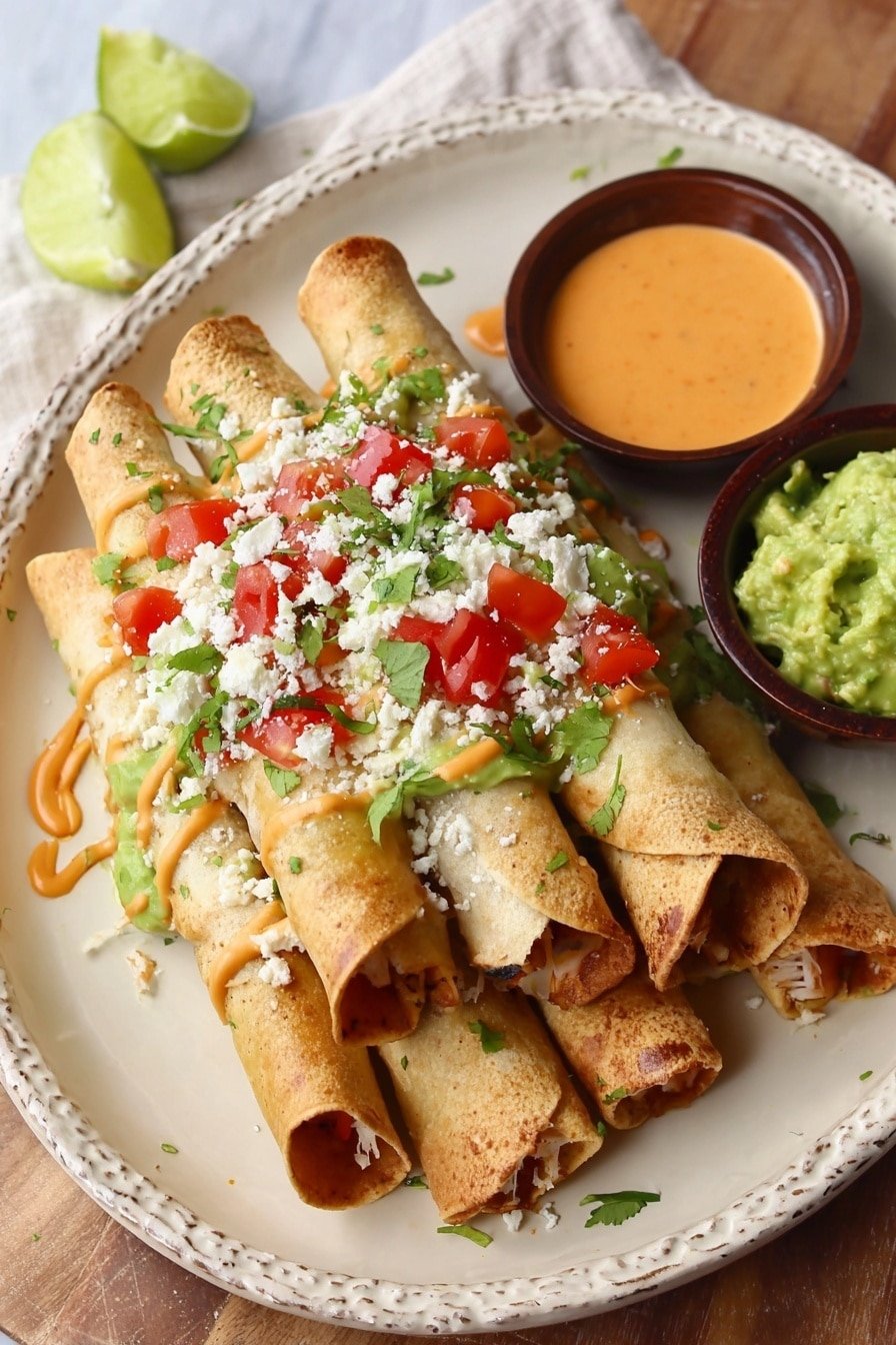 A white plate holds six rolled taquitos with a golden-brown crispy outer layer, arranged in a neat pile. On top, there are small red tomato pieces, bright green chopped cilantro, white crumbly cheese, dollops of light green guacamole, and drizzles of creamy orange sauce. To the right side of the plate, there are two small dark brown bowls; one filled with chunky green guacamole and the other with smooth orange dipping sauce. A half lime with pale green flesh leans against the bowls. The dish is placed on a white marbled surface with a white towel that has orange stripes in the background. Photo taken with an iphone --ar 2:3 --v 7
