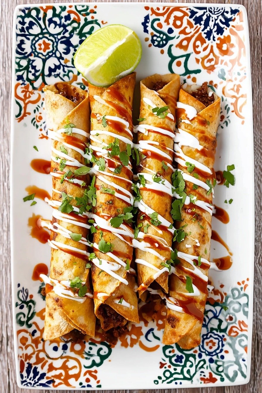 There are five rolled, golden-brown tortillas placed side by side on a white rectangular plate. Each tortilla is drizzled with white cream and a reddish-brown sauce, with small green cilantro leaves sprinkled on top. At the top left of the plate, there is a bright green lime wedge. The plate is set on a colorful tiled surface with patterns in blue, orange, yellow, and white, but the surface should appear as white marbled texture. photo taken with an iphone --ar 2:3 --v 7