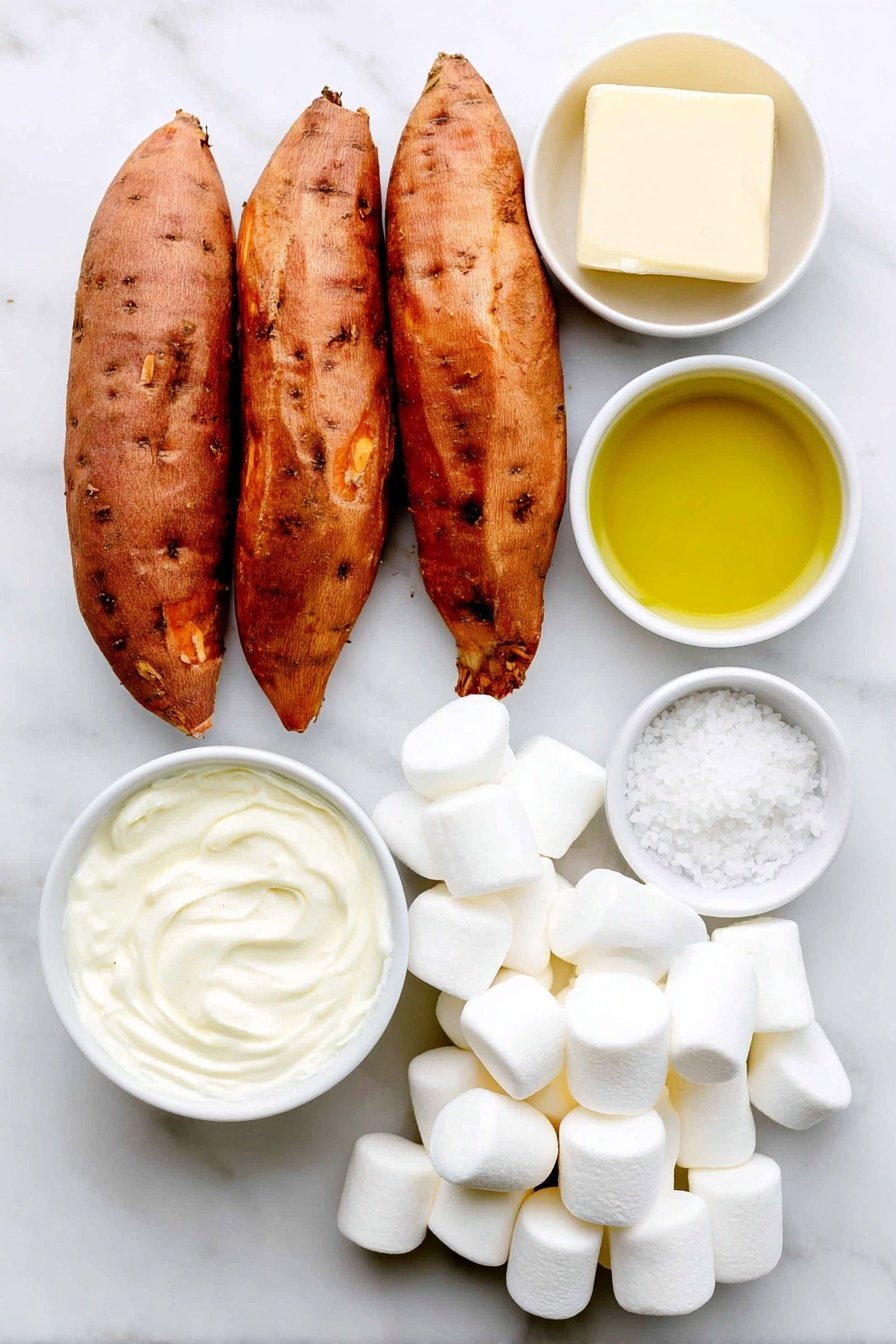 Flat lay of peeled sweet potatoes cut into sticks arranged neatly, a small white bowl of golden olive oil, a small white bowl of coarse sea salt crystals, a pile of fresh fluffy white marshmallows, a small white bowl filled with smooth heavy cream, all placed with perfect symmetry on a clean white marble surface, soft natural light, photo taken with an iPhone, professional food photography style, fresh ingredients, white ceramic bowls, no bottles, no duplicates, no utensils, no packaging --ar 2:3 --v 7 --p m7354615311229779997