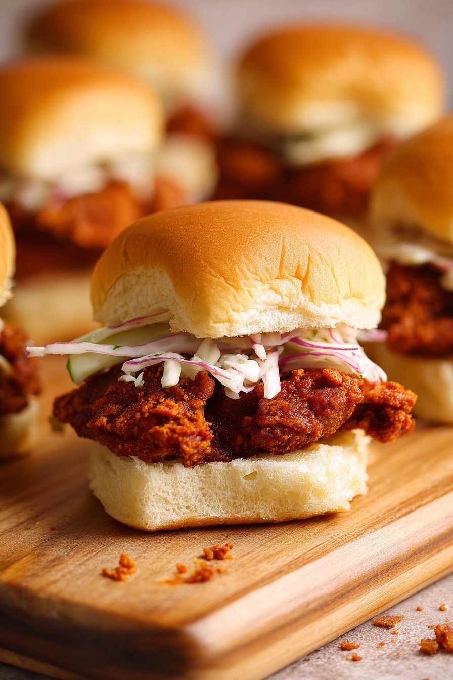 The image shows a close-up view of a small sandwich with three main layers on a soft, golden brown bun. The bottom layer is the bun, soft and light beige in color. Above it lies a crispy, fried reddish-brown chicken piece with a rough texture. On top of the chicken, there is a small amount of thinly sliced white and light purple cabbage or slaw. The sandwich is on a wooden board, with more similar sandwiches slightly blurred in the background, and the surface beneath is a white marbled texture with small food crumbs scattered around. Photo taken with an iphone --ar 2:3 --v 7
