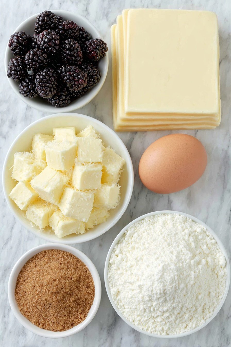 Flat lay of peeled, cored, and chopped medium cooking apples, a small pile of fresh blackberries, a small white ceramic bowl of golden caster sugar, a small white ceramic bowl with a smooth paste of honey, ground cinnamon, and cornflour, two sheets of pale shortcrust pastry, a whole clean egg with uncracked shell, a small white ceramic bowl of caster sugar placed on a clean white marble surface, soft natural light, photo taken with an iPhone, professional food photography style, fresh ingredients, white ceramic bowls, no bottles, no duplicates, no utensils, no packaging --ar 2:3 --v 7 --p m7354615311229779997