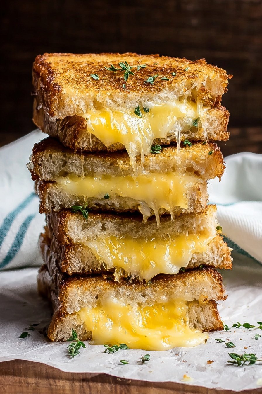 A stack of four grilled cheese sandwich halves is shown, each with two toasted bread slices that are golden brown and slightly crispy. Inside each sandwich, a thick layer of melted yellow cheese is oozing out from between the bread slices, with a smooth, creamy texture. The sandwiches are stacked unevenly on top of each other on a white marbled surface, with small green herb pieces sprinkled on top and around the stack. Part of a white cloth with light blue stripes is visible on the left side, and the background is a dark wood texture, creating contrast. photo taken with an iphone --ar 2:3 --v 7