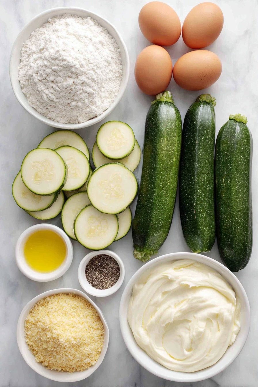 Flat lay of two medium large zucchinis sliced into thick rounds, a small mound of all-purpose flour on a white ceramic plate, two whole uncracked brown eggs, a small white bowl filled with beaten eggs, a small white bowl filled with golden panko bread crumbs, a small white bowl with extra light olive oil, a small white bowl of creamy mayonnaise, a single fresh garlic clove, a small white bowl with lemon juice, a small white bowl of sea salt, a small white bowl of freshly ground black pepper all arranged in perfect symmetry, placed on a clean white marble surface, soft natural light, photo taken with an iPhone, professional food photography style, fresh ingredients, white ceramic bowls, no bottles, no duplicates, no utensils, no packaging --ar 2:3 --v 7 --p m7354615311229779997