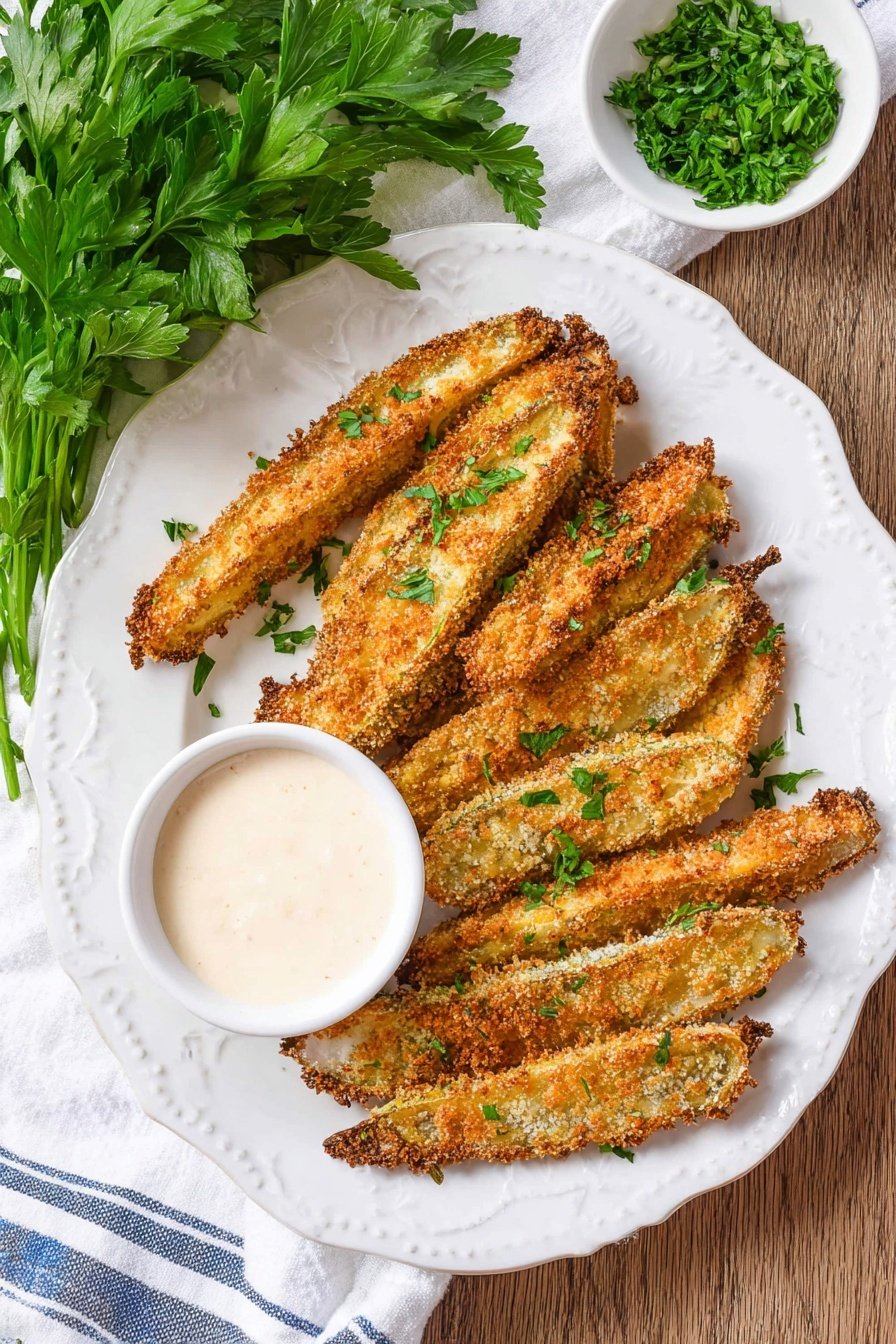 A white plate holds eight golden brown, crispy baked strips arranged mostly side by side with a few slightly stacked on top. The textured coating looks crunchy with a mix of darker toasted edges and lighter golden areas. Small green parsley pieces are scattered on top of the strips. On the left side of the plate, a small white bowl filled with creamy, light-colored dipping sauce sits near the strips. In the upper right corner, another small white bowl contains chopped green herbs. The background is a white marbled surface with a bunch of fresh green parsley leaves in the top left corner and a white cloth with blue stripes partially visible at the bottom left. photo taken with an iphone --ar 2:3 --v 7