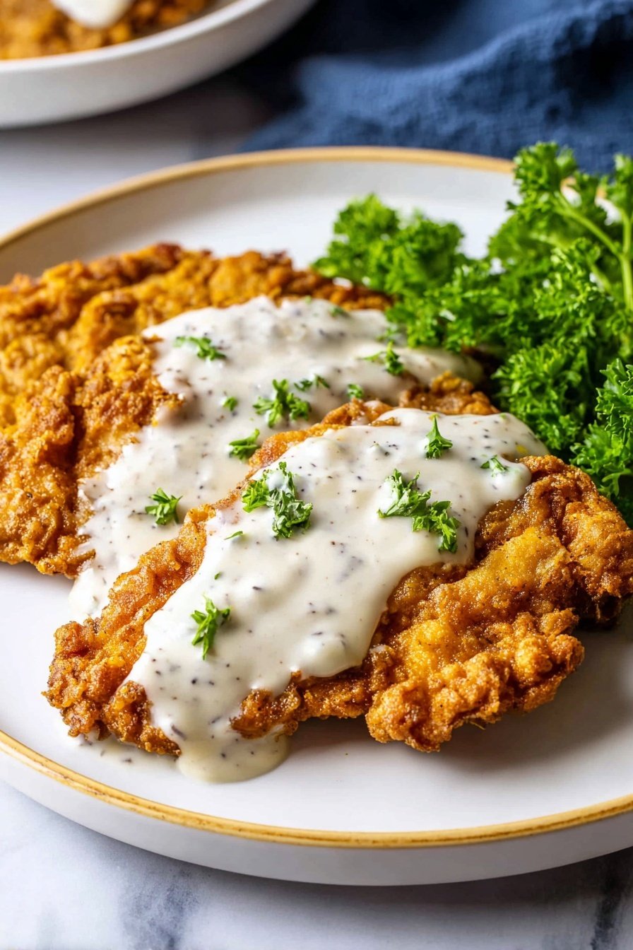 On a white plate with a thin gold rim, there are two pieces of crispy fried chicken colored golden brown with a rough and crunchy texture. The chicken pieces are layered on the plate side by side. On top of the chicken, thick white gravy with visible black pepper specks is spread unevenly, covering part of each piece. To the right edge of the plate, a small bunch of fresh and leafy green parsley adds bright color and freshness. The plate rests on a white marbled surface with a dark blue cloth blurred in the background. Photo taken with an iphone --ar 2:3 --v 7