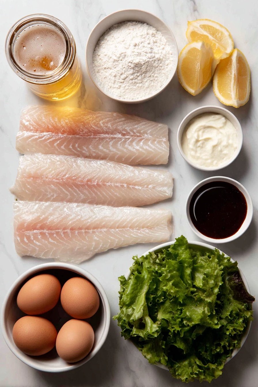 Flat lay of fresh skinless white fish fillets cut into batons, a small white ceramic bowl of plain all purpose flour, a small white ceramic bowl of rice flour, a small white ceramic bowl of baking powder, a small white ceramic bowl of salt, a small white ceramic bowl of very cold pale lager beer, a few fresh lemon wedges, a small white ceramic bowl of creamy tartare sauce, a handful of uncracked brown eggs, a crisp bunch of green leafy salad, all arranged in perfect symmetry on a clean white marble surface, soft natural light, photo taken with an iPhone, professional food photography style, fresh ingredients, white ceramic bowls, no bottles, no duplicates, no utensils, no packaging --ar 2:3 --v 7 --p m7354615311229779997