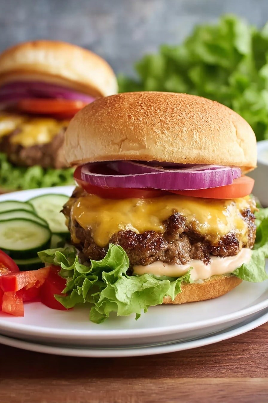 A burger with two brown grilled patties, each topped with melted yellow cheese, layered on a white bun with light brown top. Under the patties, there is green lettuce and light pink sauce spread on the bottom bun. Above the patties are red tomato slices and thin purple onion rings. The burger is on a white plate next to fresh green lettuce, sliced cucumbers, and red tomato pieces on a white marbled background. photo taken with an iphone --ar 2:3 --v 7
