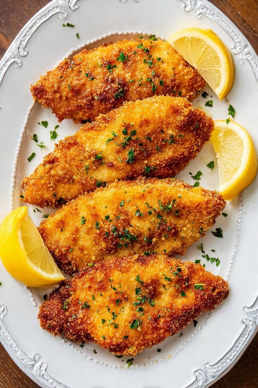 A white oval plate holds four golden brown breaded fillets, arranged in a slightly overlapping row from top left to bottom right. The crispy texture shows a crunchy coating with small uneven crumbs, sprinkled lightly with green herbs all over. Three lemon wedges, bright yellow with visible pulp and juice drops, are placed along the top and bottom edges of the plate around the fillets. The plate sits on a white marbled surface that adds a clean, bright background contrast. photo taken with an iphone --ar 2:3 --v 7