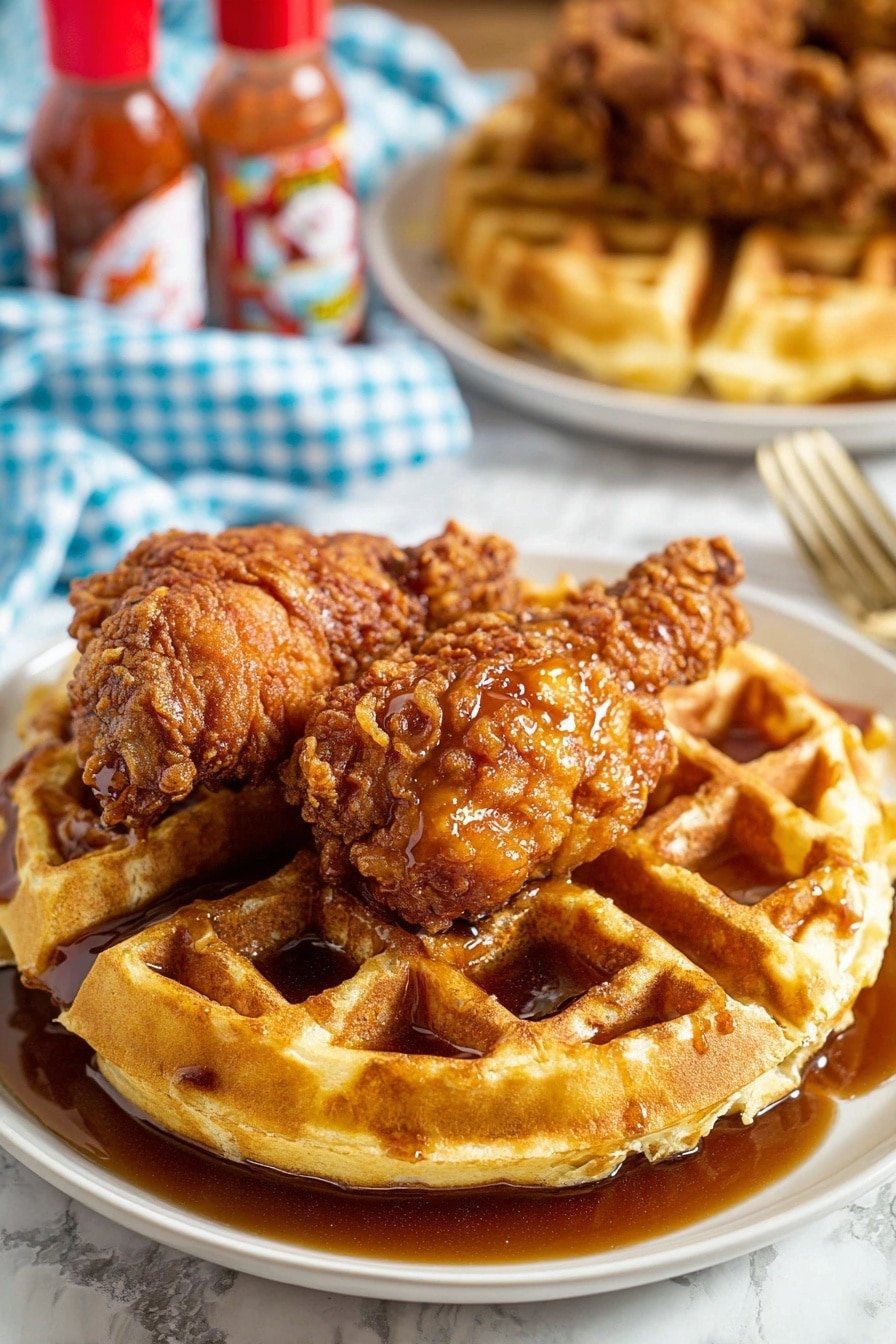 A white plate holds two layers: at the bottom, a golden waffle with a textured grid surface soaked with dark brown syrup filling some squares and slightly spilling over the edge, and on top, two large pieces of crispy fried chicken coated with a shiny, amber-colored syrup. In the background, more white plates with similar waffles and fried chicken are slightly blurred, a blue and white checkered cloth, and two small bottles of hot sauce with red caps are visible. The whole scene sits on a white marbled surface. photo taken with an iphone --ar 2:3 --v 7