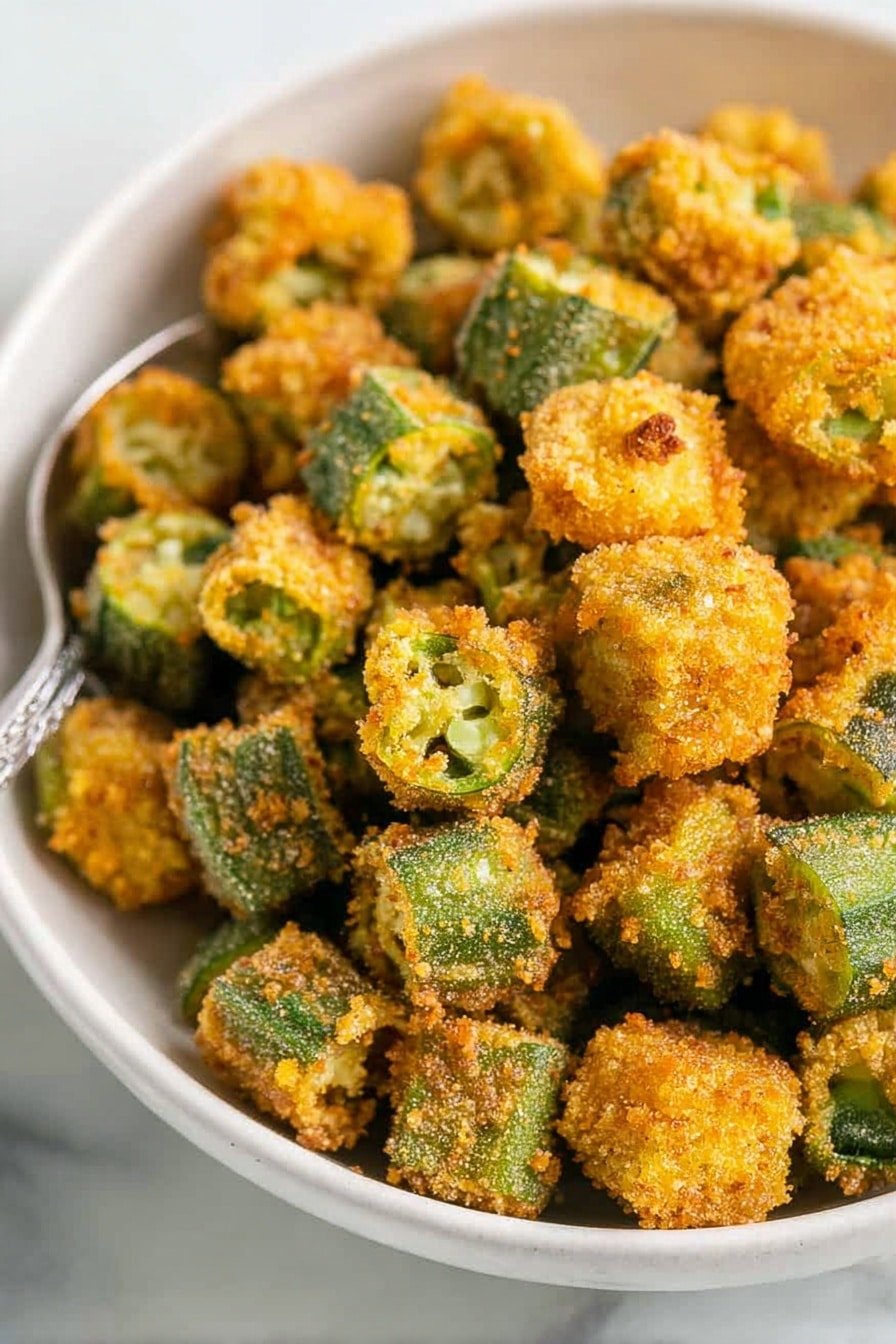 A close-up view shows a white bowl filled with small, golden-brown, crispy cubes that have a coarse texture with green flecks inside, indicating bits of vegetables or herbs. A silver spoon holds a few of these crunchy cubes above the bowl, showing the rough coating clearly. The background is softly blurred, with a white marbled surface plain below the bowl, drawing attention to the vibrant mixed textures of the crunchy cubes. photo taken with an iphone --ar 2:3 --v 7