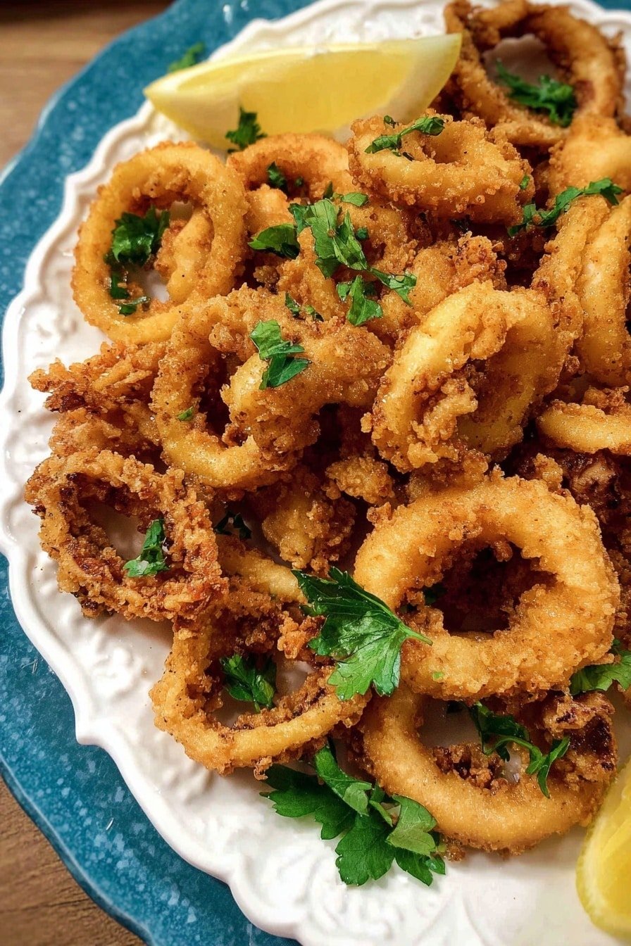A white plate with blue rim is full of golden-brown fried rings arranged in layers, some stacked on top of others, giving a rough, crunchy texture. Bright green parsley leaves are scattered on the fried rings for decoration. A lemon slice is partially visible at the edge of the image. The plate rests on a white marbled surface. Photo taken with an iphone --ar 2:3 --v 7