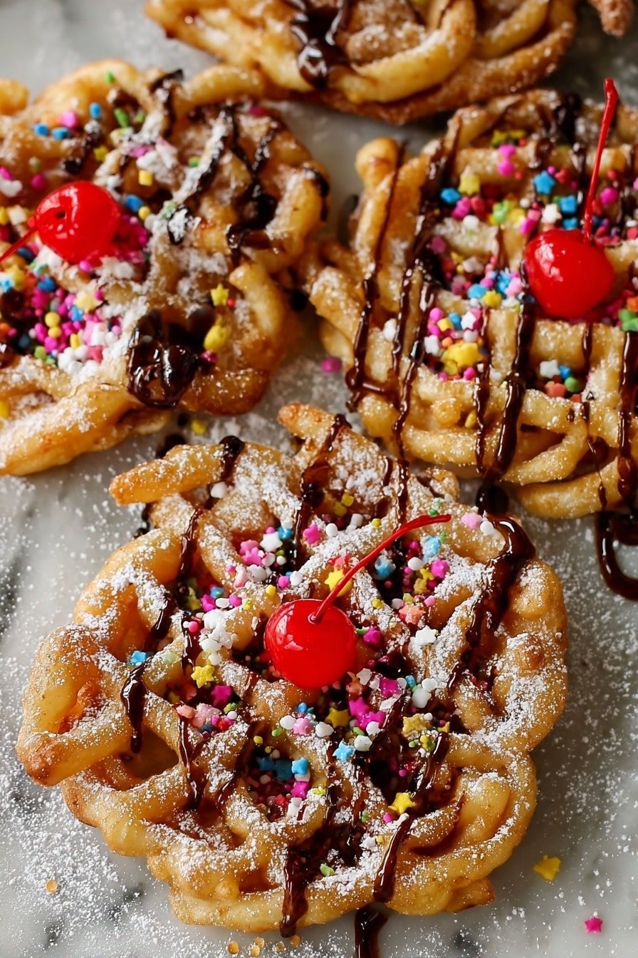 A single funnel cake sits on a white plate with delicate edges. The cake is light golden-brown and has a messy, lacy pattern with many holes and uneven shapes. It is covered evenly with white powdered sugar that dusts the top and some falls onto the plate. The plate rests on a white marbled surface with a deep pink cloth underneath, and a small out-of-focus flower bunch can be seen in the background. Photo taken with an iphone --ar 2:3 --v 7