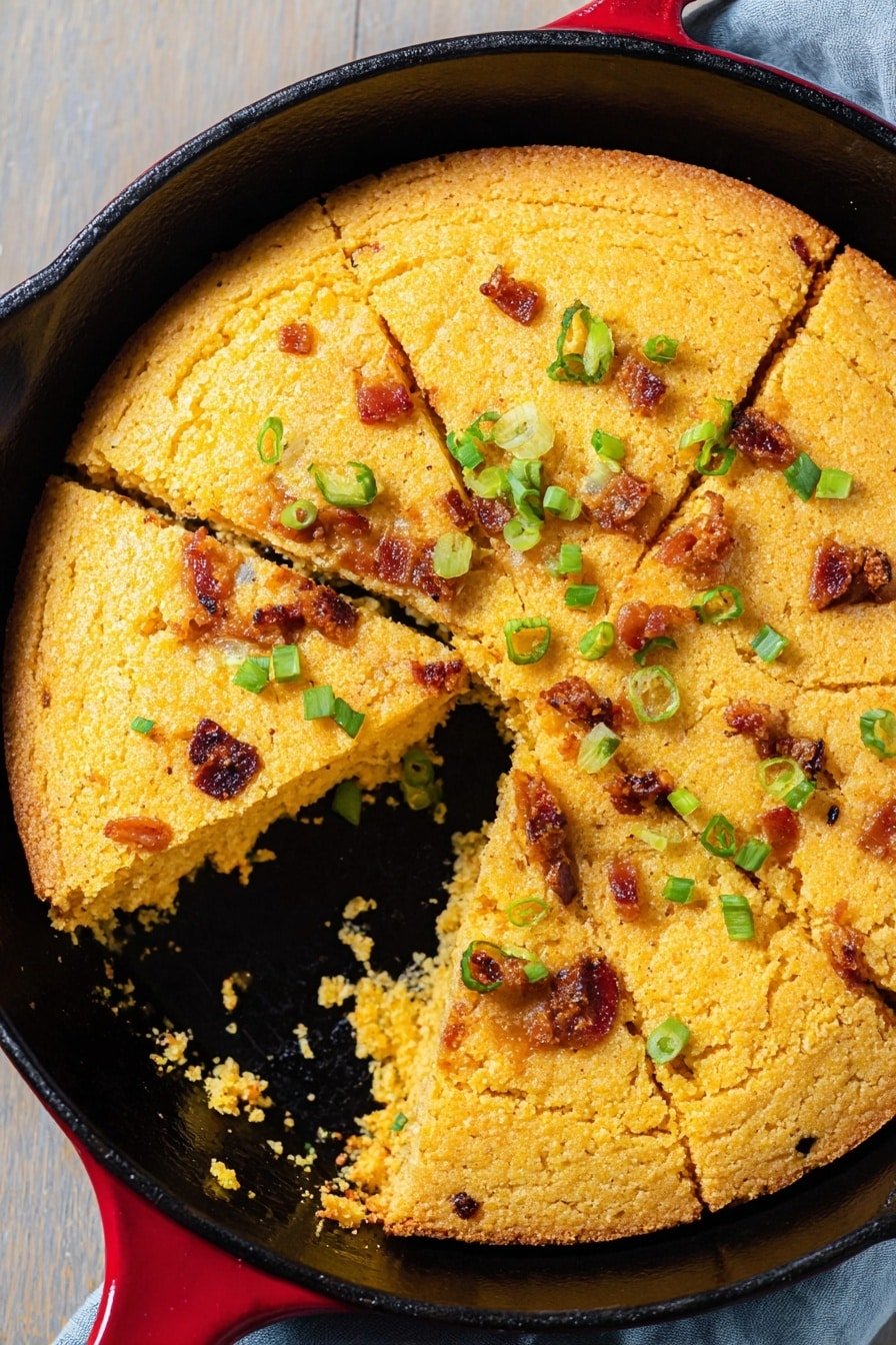 A round golden cornbread with a slightly rough texture sits in a deep black cast iron skillet with a blue handle on a white marbled surface. The cornbread is cut into six triangular pieces, with one piece slightly pulled out, showing a crumbly inside. The top is dotted with small pieces of cooked bacon, adding darker brown patches, and garnished with chopped green onions scattered around. The skillet contrasts with the bright yellow of the cornbread, and some crumbs are scattered near the empty slice area. photo taken with an iphone --ar 2:3 --v 7