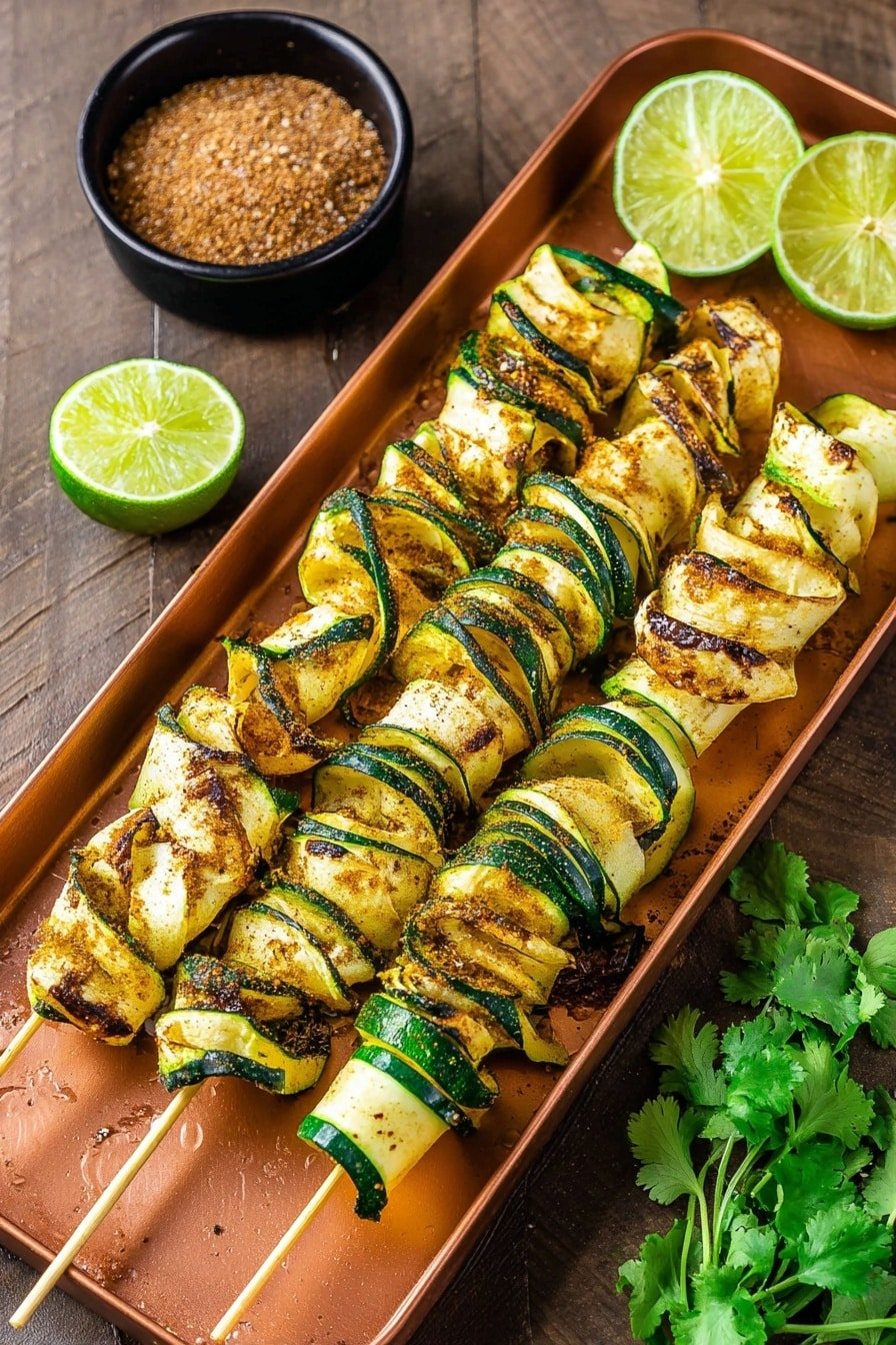 There are three long skewers filled with curled zucchini slices, each slice light green with darker green edges, stacked loosely in layers creating a ruffled texture. The zucchini has a sprinkle of brownish seasoning and slight grill marks. At the top of the copper-colored tray, there are three lime wedges with bright green skin and pale green flesh. To the left side of the tray, a small purple bowl holds a coarse brown spice mix. On the right side, fresh green cilantro leaves with stems lie scattered on the wood texture surface. The photo taken with an iphone --ar 2:3 --v 7