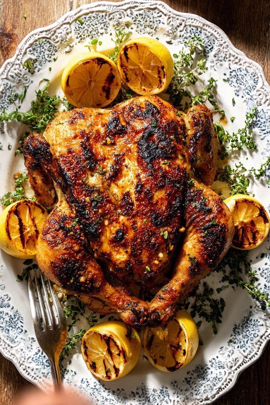 A whole grilled chicken with a golden-brown, crisp skin, showing charred marks all over, is placed centrally on an ornate white plate with a blue floral design. Around the chicken, there are four grilled lemon halves with deep brown grill marks and slightly caramelized, bright yellow flesh. Sprigs of fresh green herbs are scattered around the chicken and lemons, adding a pop of color. A woman's hand holding a fork is visible on the left side of the plate, with the background being a wood texture. The image is bright, with natural light highlighting the textures and colors of the food. photo taken with an iphone --ar 2:3 --v 7