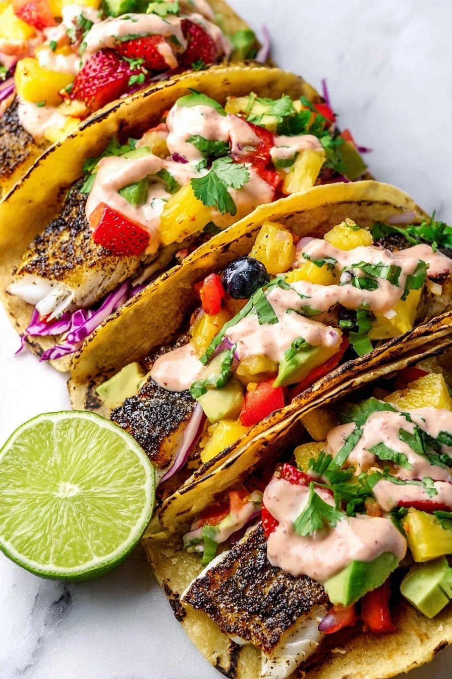 Four tacos are shown closely together on a wood texture. Each taco has two golden-yellow tortillas with slight burn marks, folded to hold the fillings. Inside, there is a base layer of blackened, crispy fish pieces, topped with a colorful mix of diced red onion, red and green bell peppers, yellow mango, and avocado chunks. On top of the vegetables and fish, there is a creamy, light orange sauce drizzled generously. Small cilantro leaves sprinkled over the top add a touch of green. A halved lime is placed in the bottom left corner of the image. The photo taken with an iphone --ar 2:3 --v 7