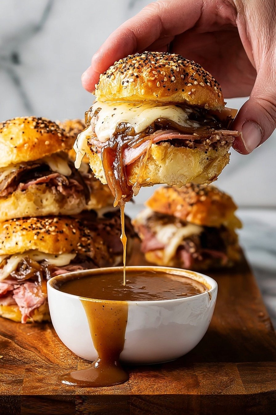 The image shows a close-up of two stacked sandwiches on a wood texture surface, with an everything bagel top browned with sesame and poppy seeds. Each sandwich has two soft, lightly toasted bagel halves with a golden crust. Inside, there are juicy layers of melted cheese and caramelized onions, with thin slices of cooked beef peeking through. The cheese is creamy and stringy, melting over the edges, while the onions add a glossy, sweet touch. The sandwiches look warm and soft, with the filling slightly spilling out. Photo taken with an iphone --ar 2:3 --v 7
